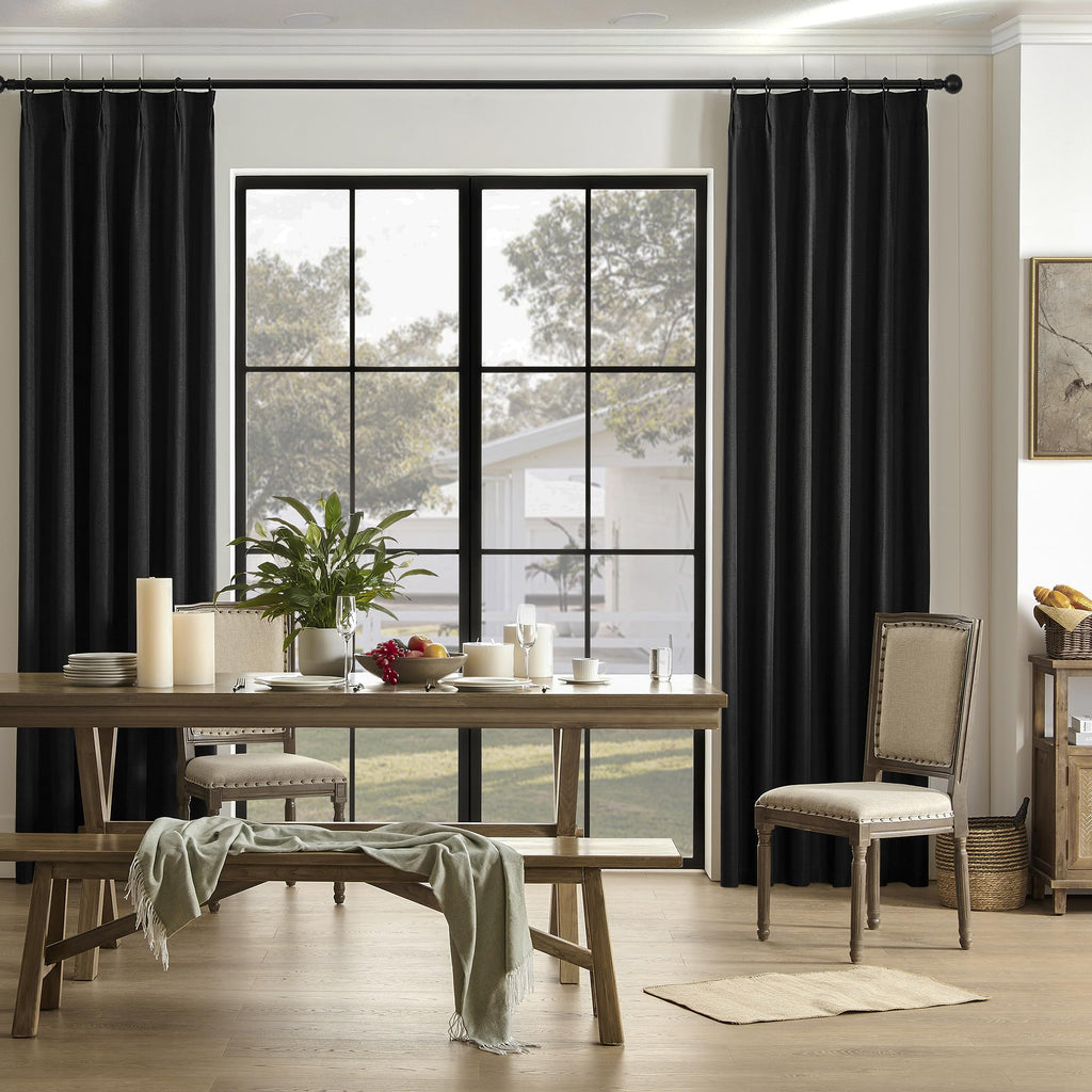 Dualife Black Pinch Pleated Blackout Curtains 90 Inch Long For Bedroom, Back Tab With Hooks For Track System, Thermal Insulated