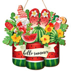 Geetery Hello Summer Watermelon Sign Wooden Watermelon Gnome Welcome Hanging Sign with Ropes Rustic Summer Front Door Hanger Orn