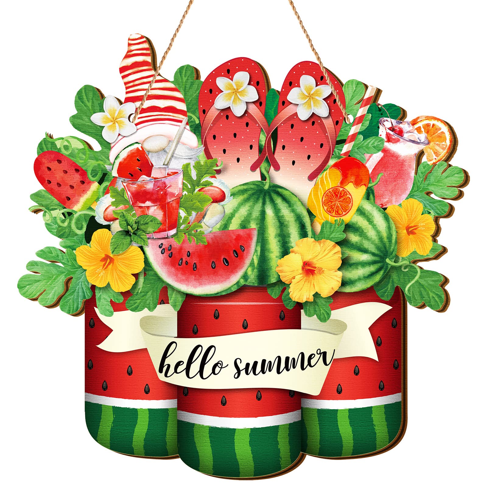 Geetery Hello Summer Watermelon Sign Wooden Watermelon Gnome Welcome Hanging Sign with Ropes Rustic Summer Front Door Hanger Orn