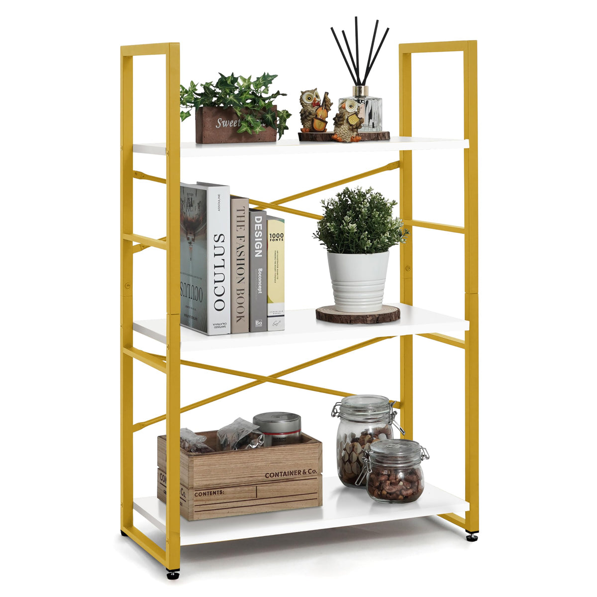Caphaus 3 Tier Small Bookshelf, 24 Inch Width Free Standing Shelf, Bookcase Shelf Storage Organizer, Industrial Book Shelves For Home Office, Living Room, White Wooden Shelves & Gold Frame