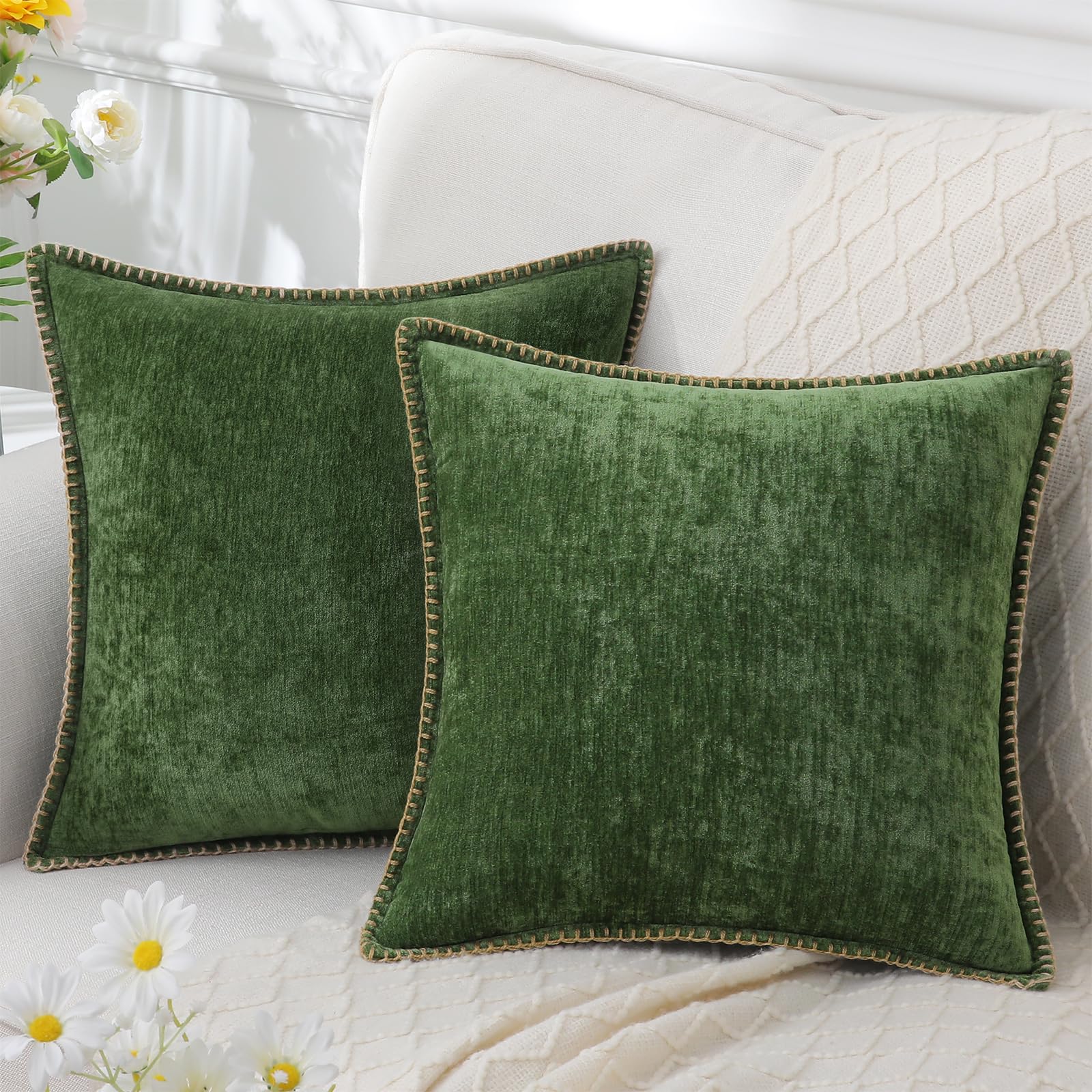 Decoruhome Chenille Soft Throw Pillow Covers 18X18 Set Of 2, Farmhouse Velvet Pillow Covers, Decorative Square Pillow Covers With Stitched Edge For Couch Sofa Bed, Forest Elf