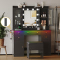 Makeup Vanity Desk with Mirror and Lights, Black Vanity Table Set with Storage Drawers, Charging Station, Cabinets & Chair, Larg