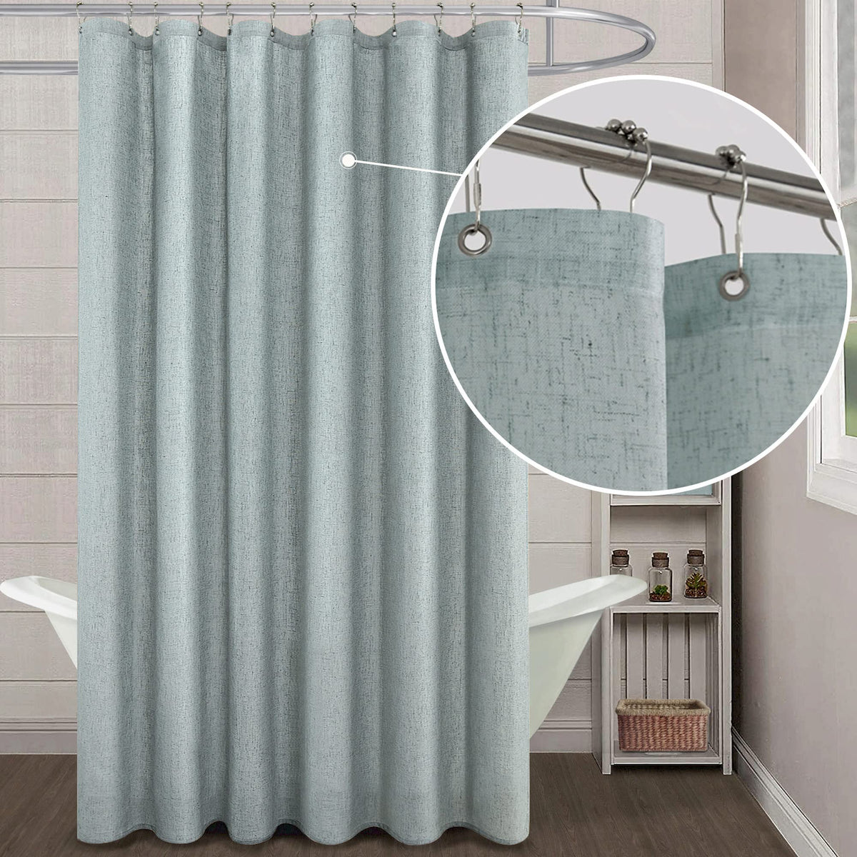 Koufall Sea Green Waterproof Linen Fabric Shower Curtain For Bathroom 72X80 Inches Long