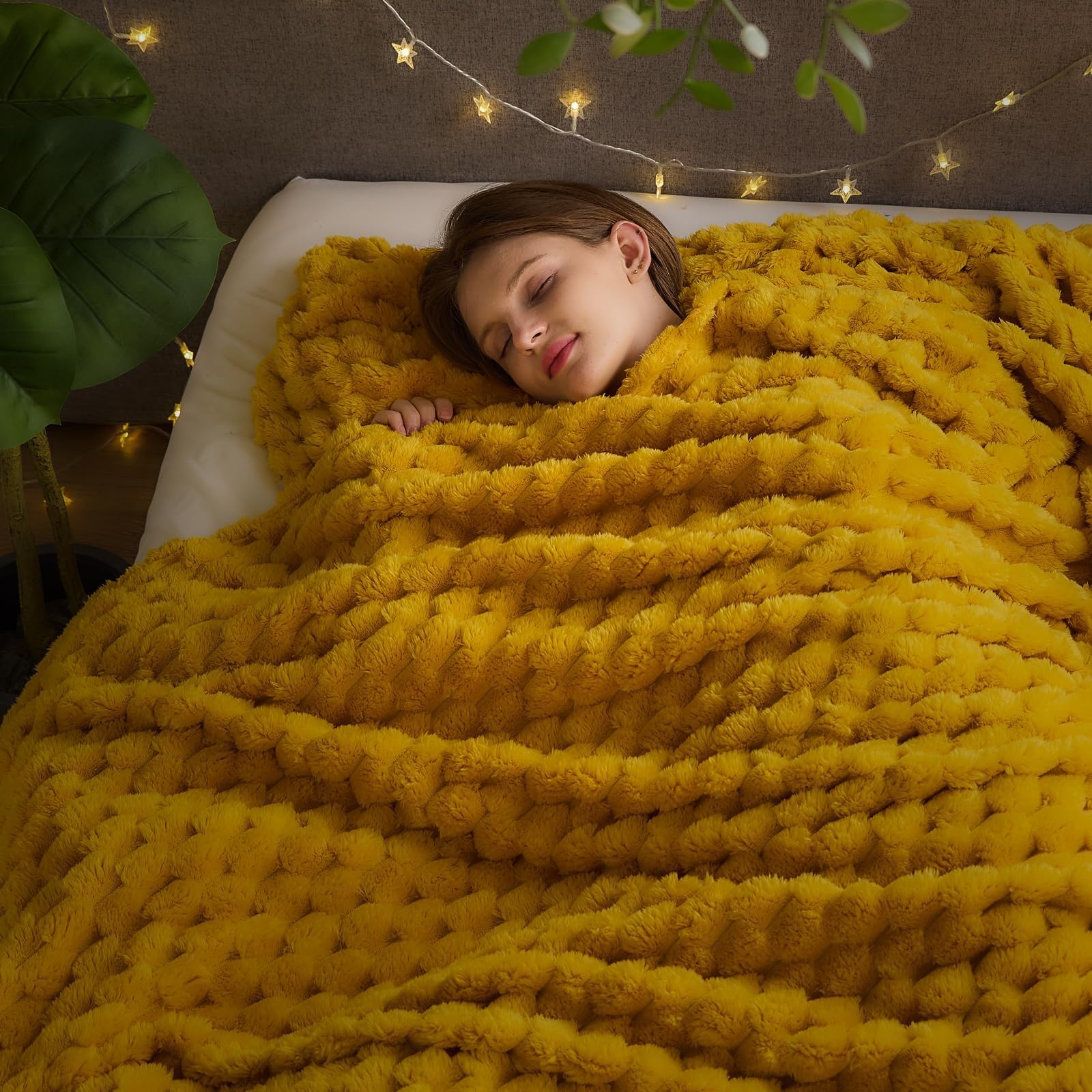 Newcosplay Super Soft King Blanket Mustard Yellow Premium Silky Flannel Fleece 3D Clouds Stylish Jacquard Lightweight Bed Blanke