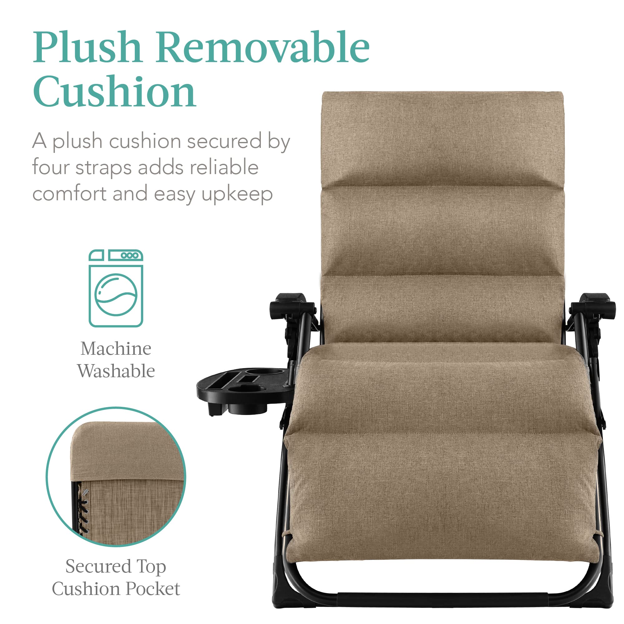 Best Choice Products Oversized Zero Gravity Chair, Folding Outdoor Patio Recliner, Xl Anti Gravity Lounger W/Removable Cushion, Cup Holder, Side Tray, 350Lb Capacity - Wheat