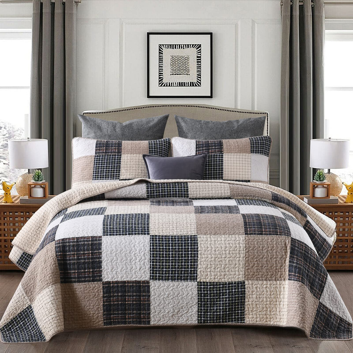 Kaloola Patchwork Queen Quilt, 100% Cotton Lightweight Bedspreads Queen Size 3 Pieces, Tan Brown Beige Queen Quilt Bedding Set,