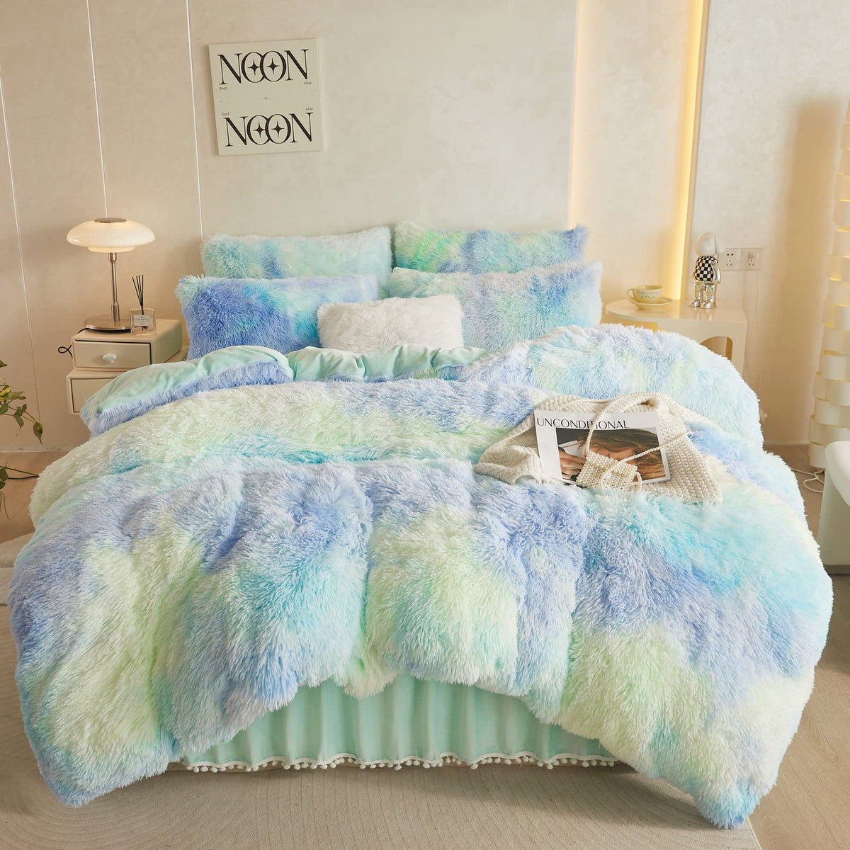 Haihua Fluffy Tie Dye Comforter Cover Queen Set,Faux Fur Comforter Set 3 Pieces(1 Fluffy Duvet Cover +2 Shaggy Pillowcases) Faux