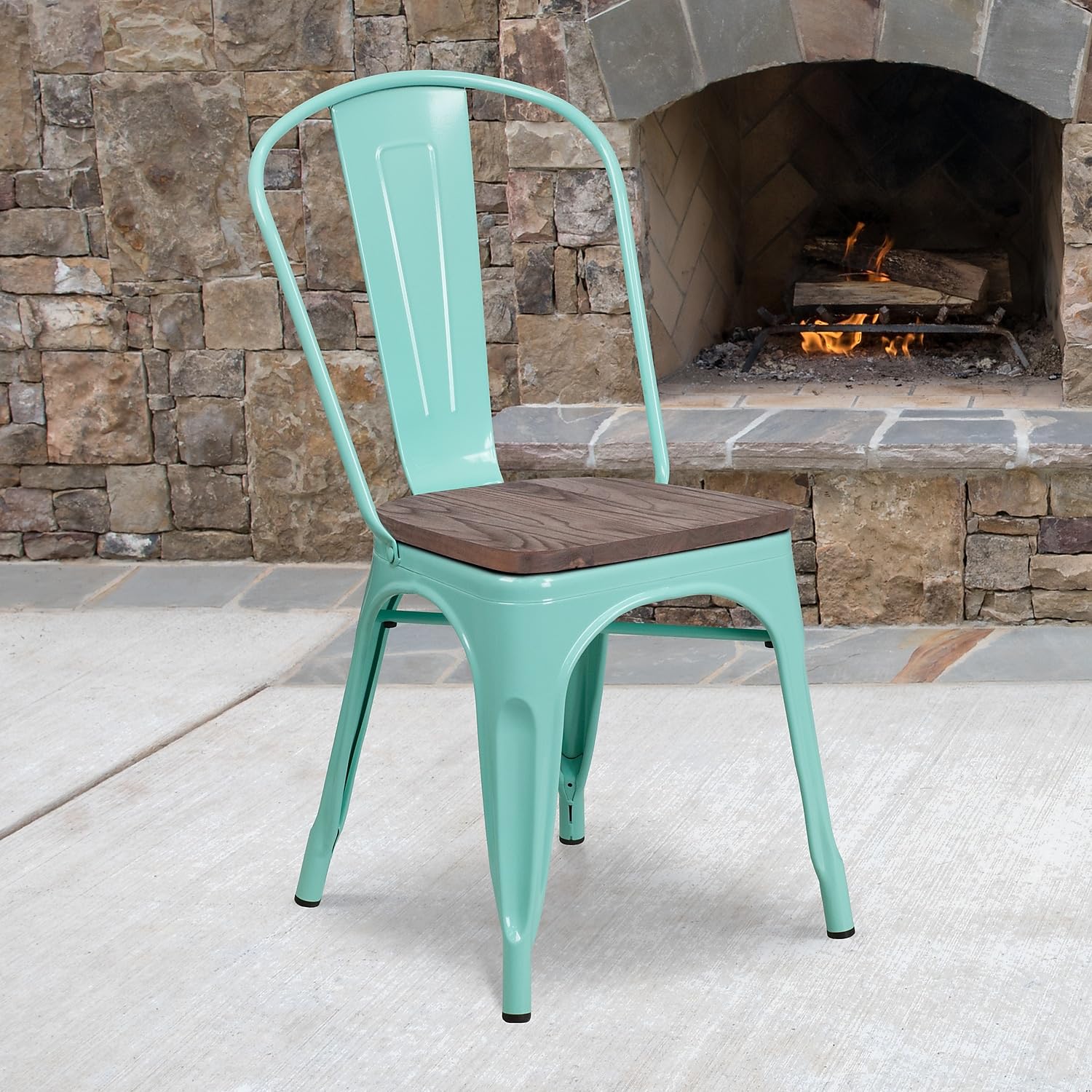 Flash Furniture Tenley Mint Green Metal Stackable Chair with Wood Seat