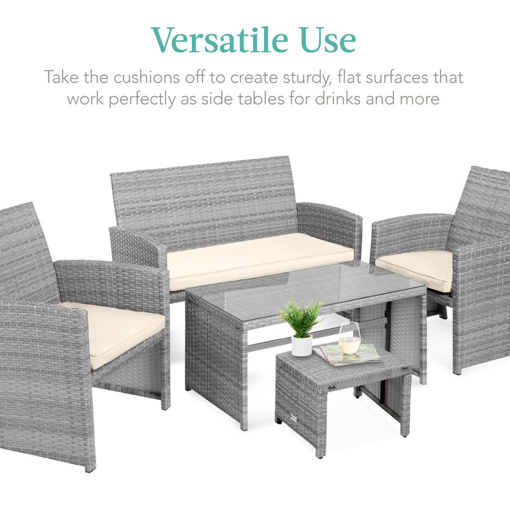 Best Choice Products Set Of 2 Wicker Ottomans, Multipurpose Outdoor Furniture For Patio, Backyard, Additional Seating, Footrest, Side Table W/Removable Cushions, Steel Frame - Gray/Cream