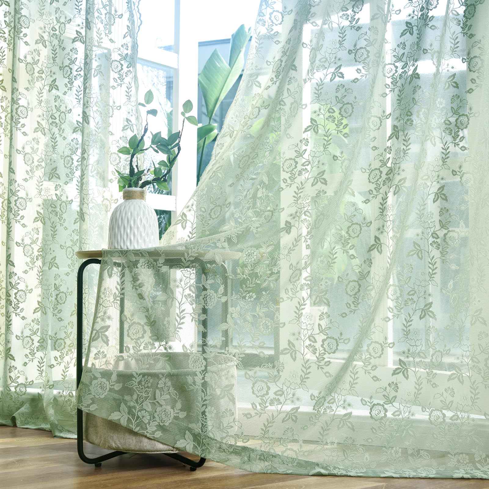 FINECITY Green Lace Curtains 96 Inches Long, Country Rustic Leaf Floral Spring Sheer Curtains for Living Room, Rod Pocket Privac