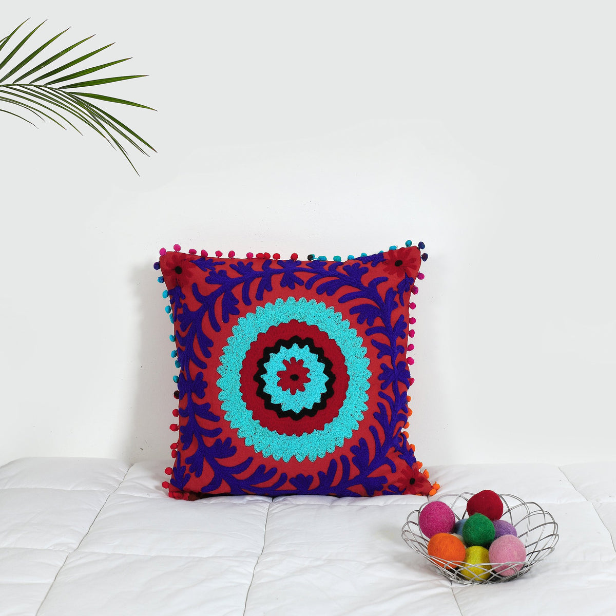 Red Suzani Decorative Throw Embroidered Pillows With Pom Pom Cotton Cushion Cover Cushion Pillow Shams 16 X 16 Inch By Handicr