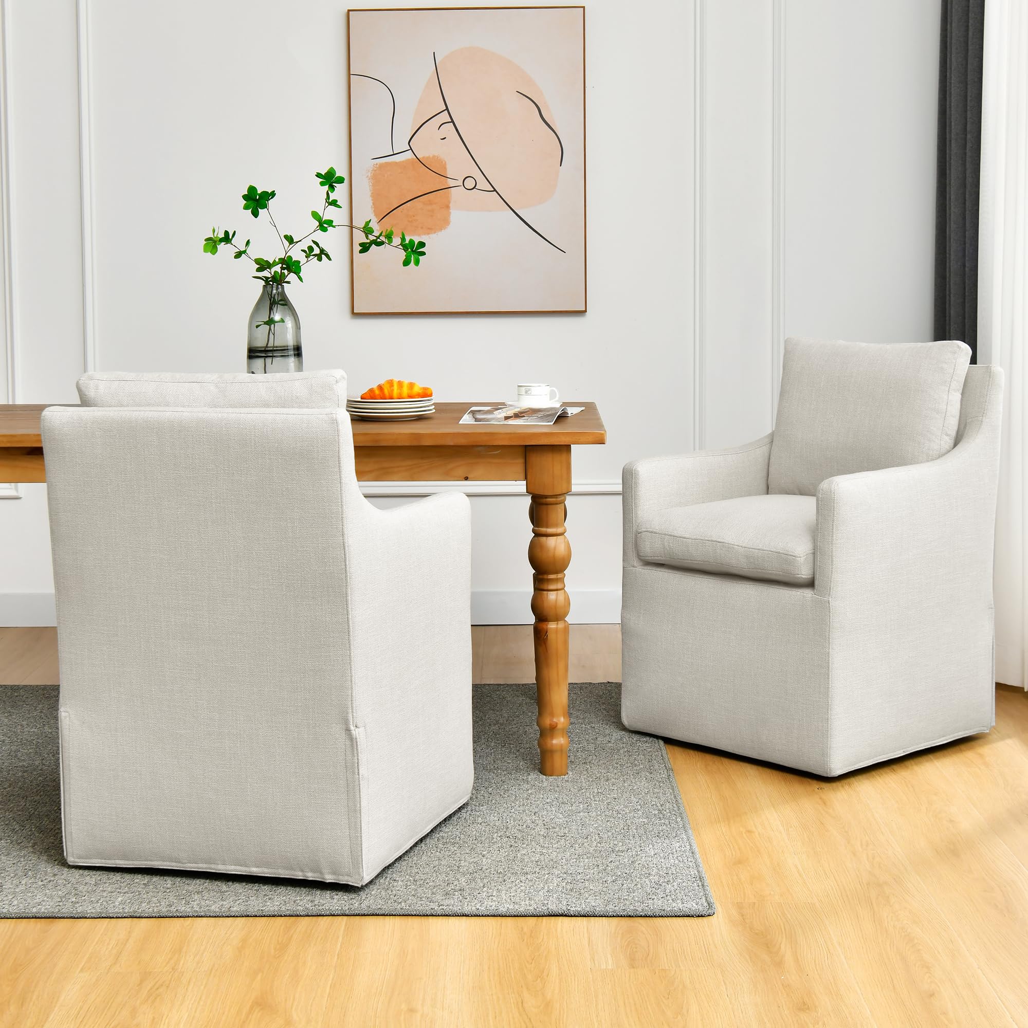 DUHOME Upholstered Dining Chairs Set of 2,Linen Accent Chair for Living Room,Single Sofa Chair with 4 Casters,Upholstered Arm Ch