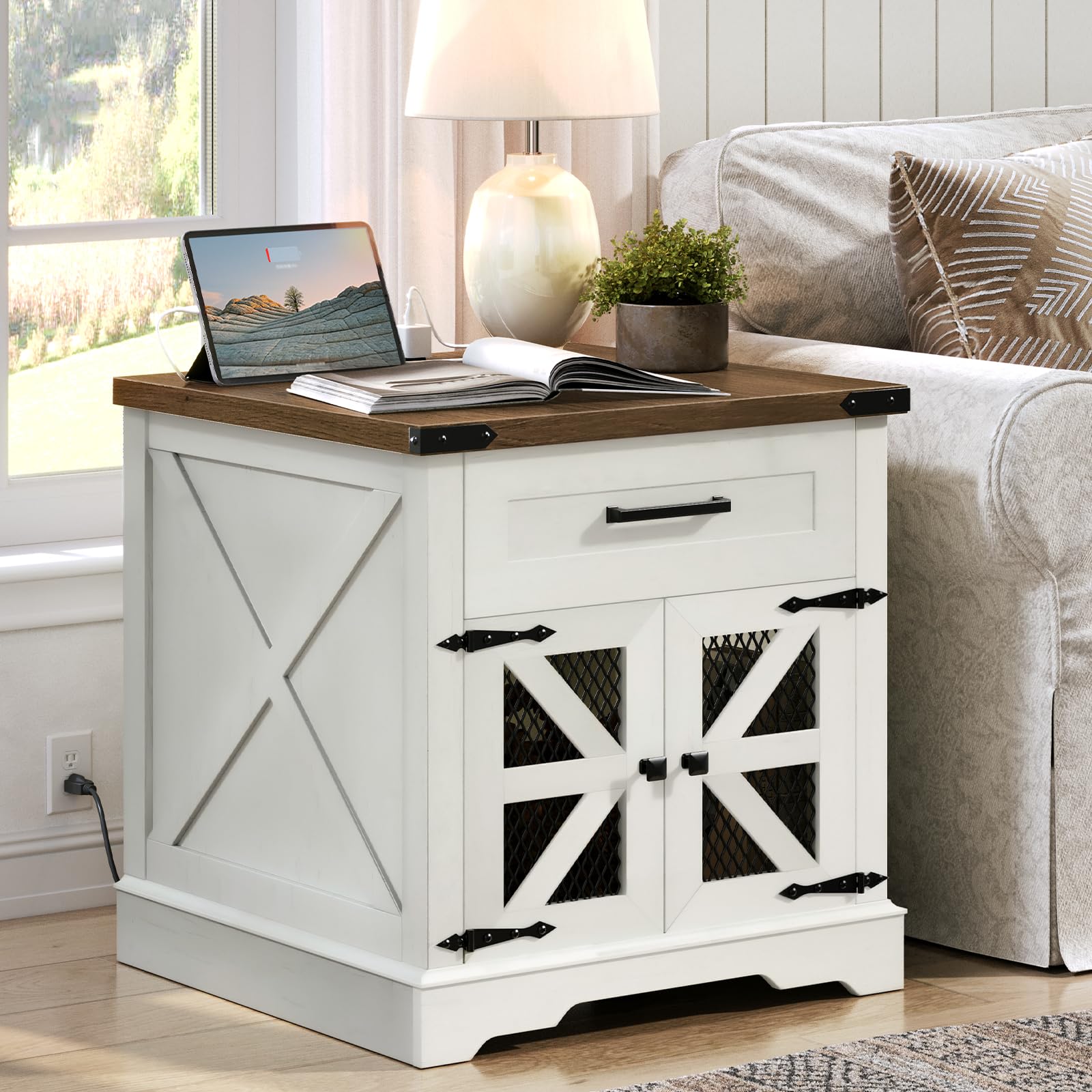 RALGEND White Farmhouse End Table with Charging Station, 24 Large Sofa Side Table with Drawer, Large End Table for Living Room, 