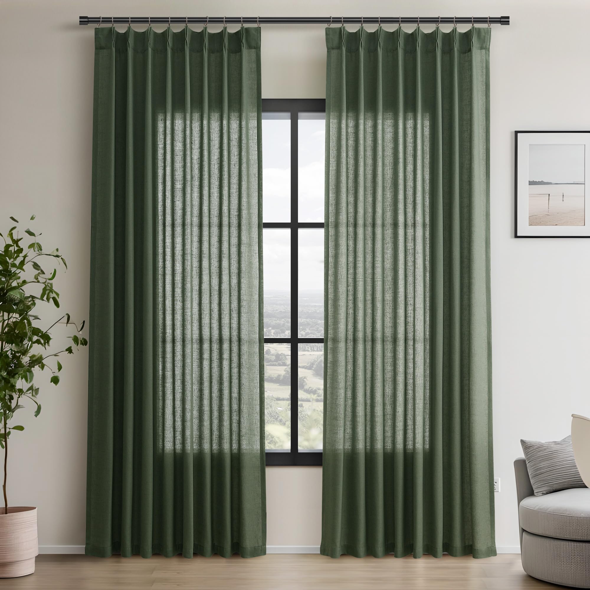 Pinch Pleated Olive Green Curtains 84 Inches Long For Living Room Office Linen Textured Window Curtains Back Tab Light Filtering Forest Hunter Dark Green Semi Sheer Drapes 84 Inch Length 2 Panels