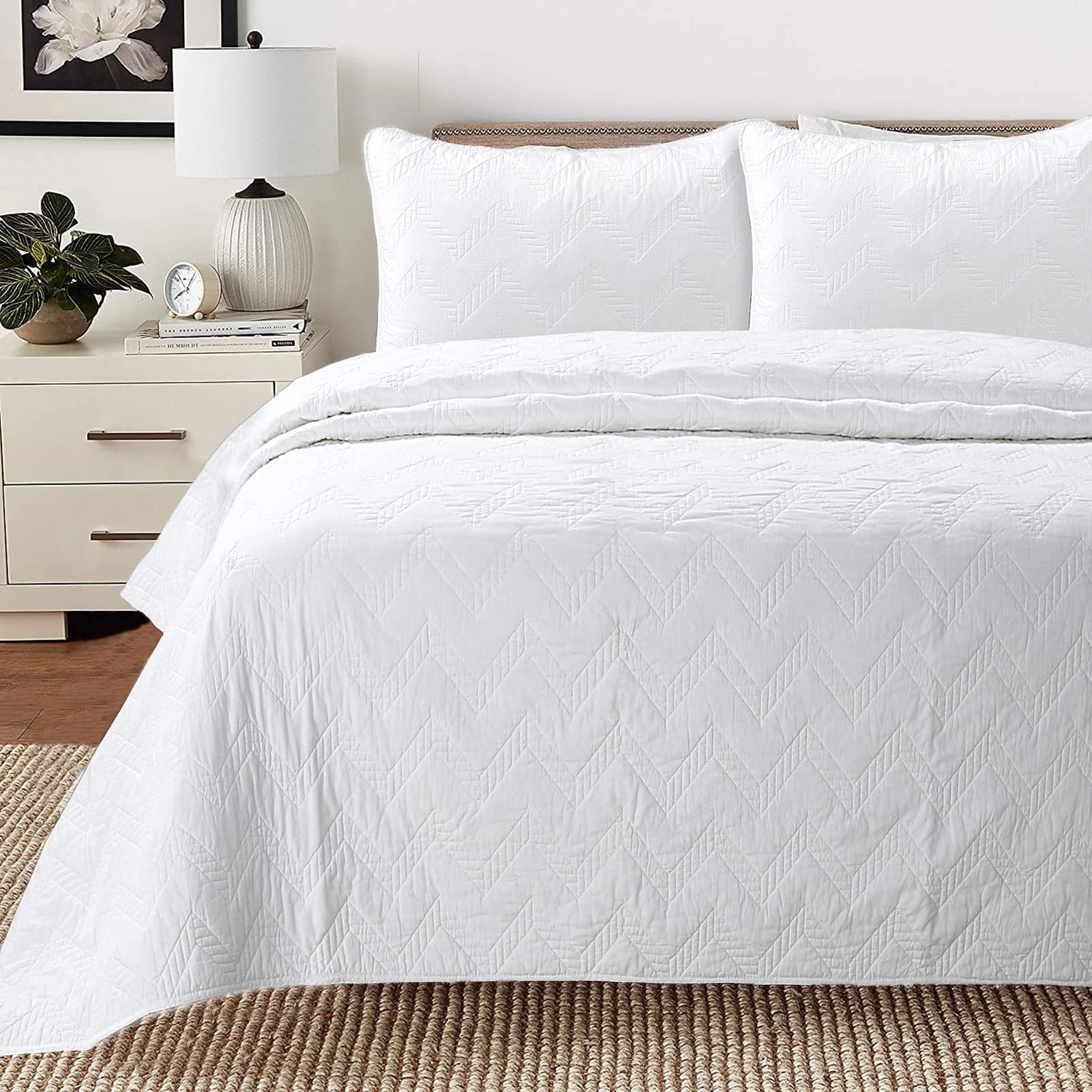 Cozy Line Home Fashions Geometric Modern Zig Zag Stitch Solid White 100% Cotton Quilt Bedding Set, Coverlet, Bedspread Lightweig