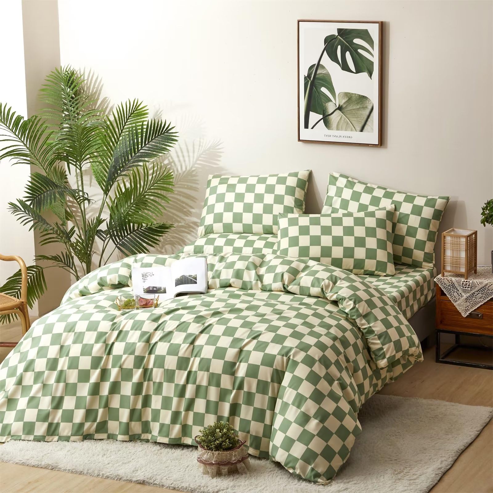 Houseri Green And White Plaid Comforter Set Twin Boys Girls Kids Sage Green Bedding Sets Twin Size Light Green Grid Comforters S