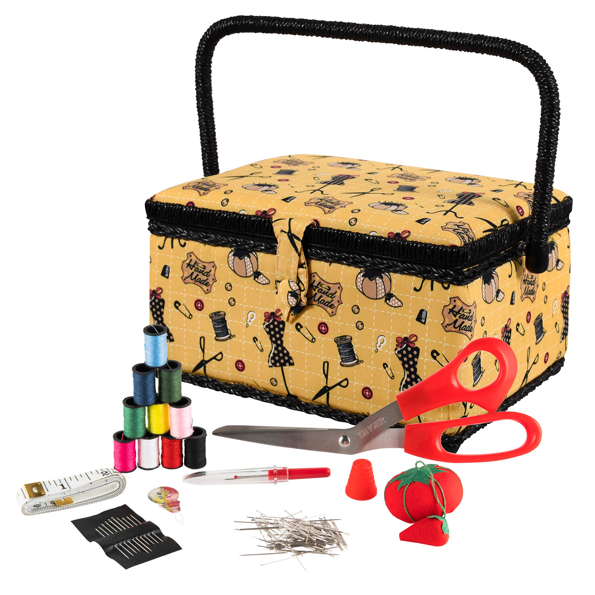 Singer Sewing Basket With Sewing Kit Accessories (Yellow Vintage)