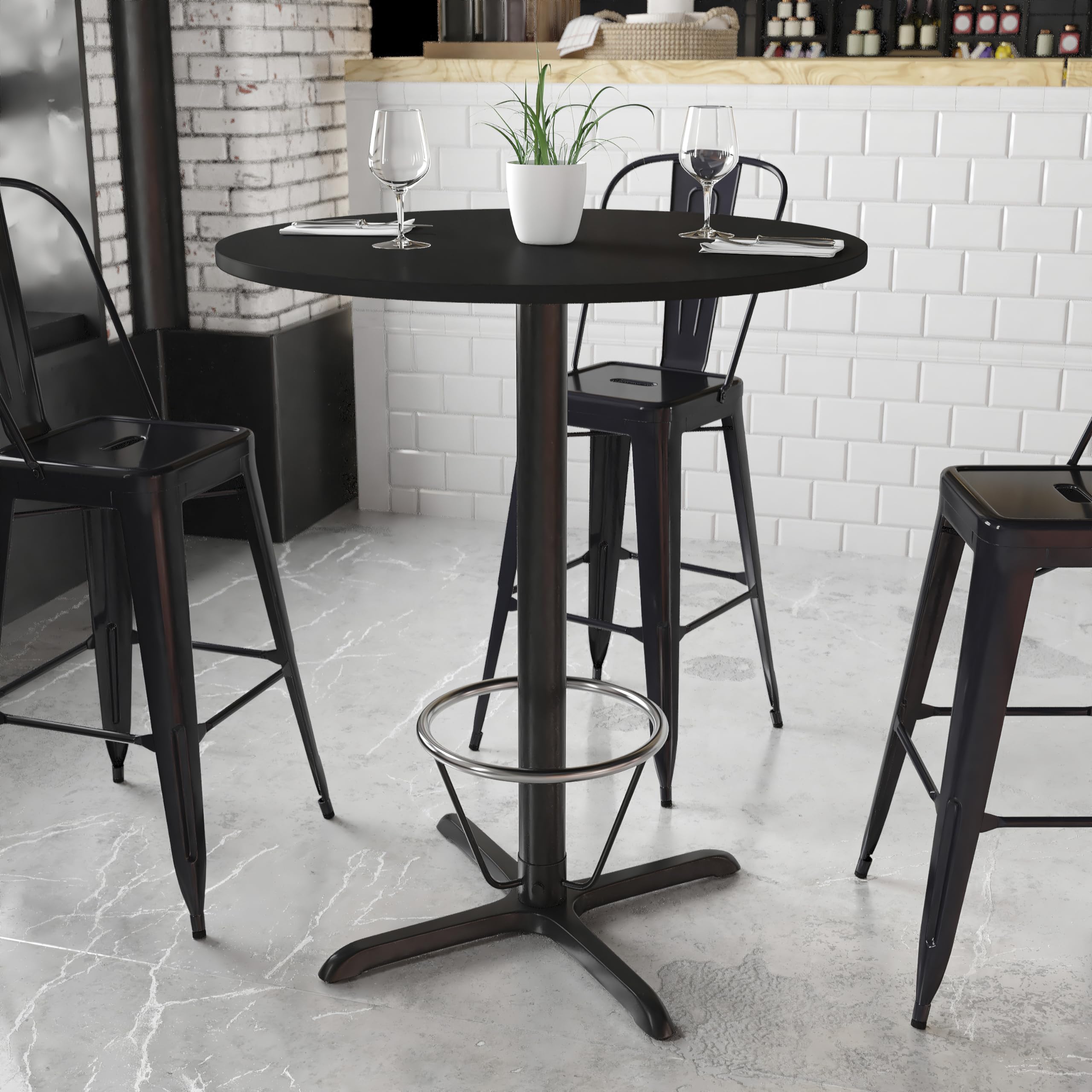Flash Furniture 36'' Round Black Laminate Table Top With 30'' X 30'' Bar Height Table Base And Foot Ring