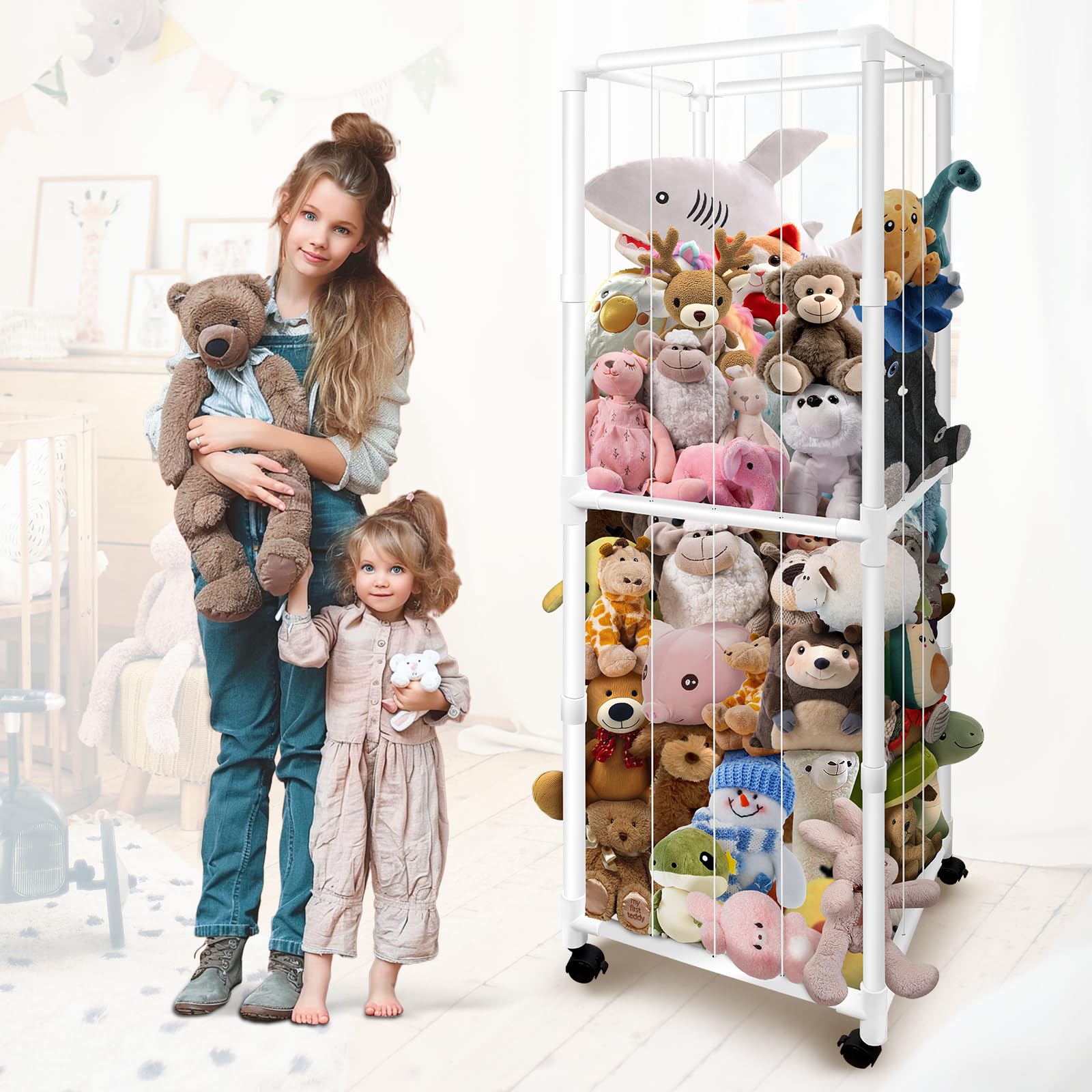 Stuffed Animal Storage Zoo With Wheels, Large Stuff Animals Plushies Holder Toy Organizer Kids Plush Storage Cage Pvc With Elast