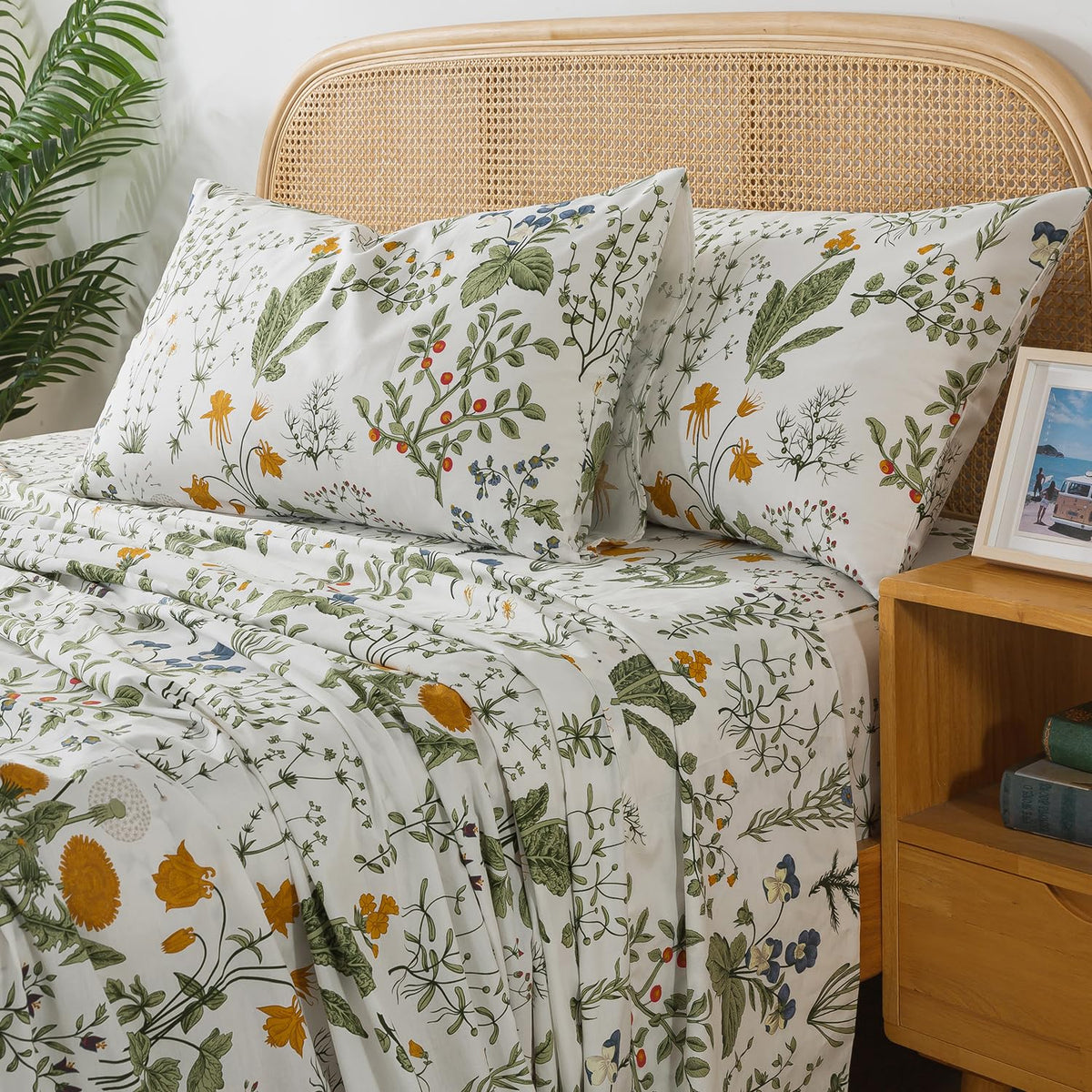 Zusbest Queen Sheet Set 100% Percale Cotton Green Floral Bed Sheet Set Yellow Flower & Green Leaves Botanical Pattern Printed On