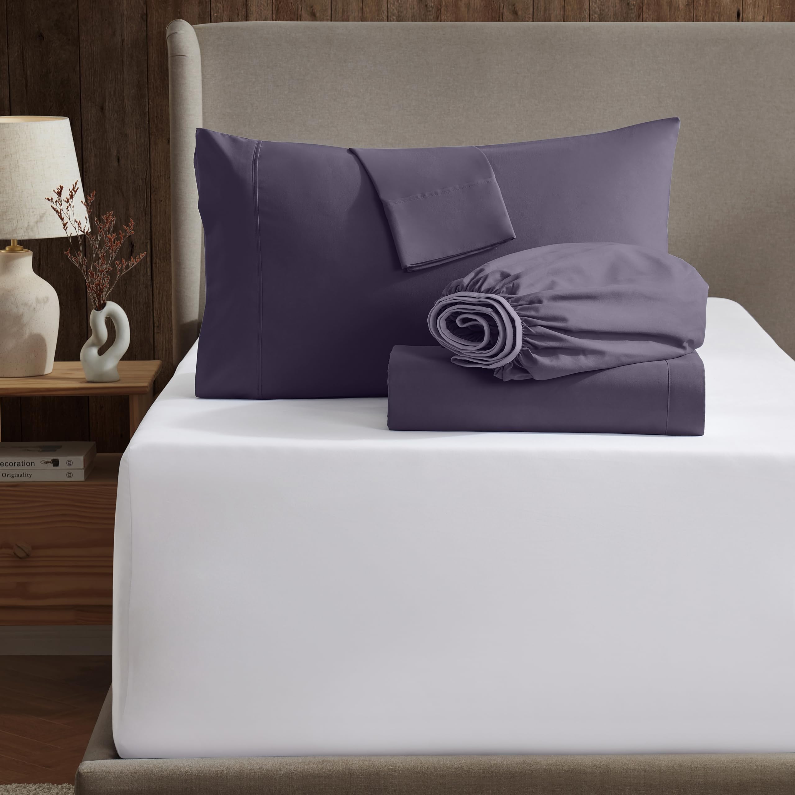 Nestl Extra Twin Deep Pocket Sheets Set - 4 Pc Soft Microfiber Twin Sheets Deep Pocket - Fade Resistant Bedding Sheets & Pillowcases - Twin, Eggplant Purple