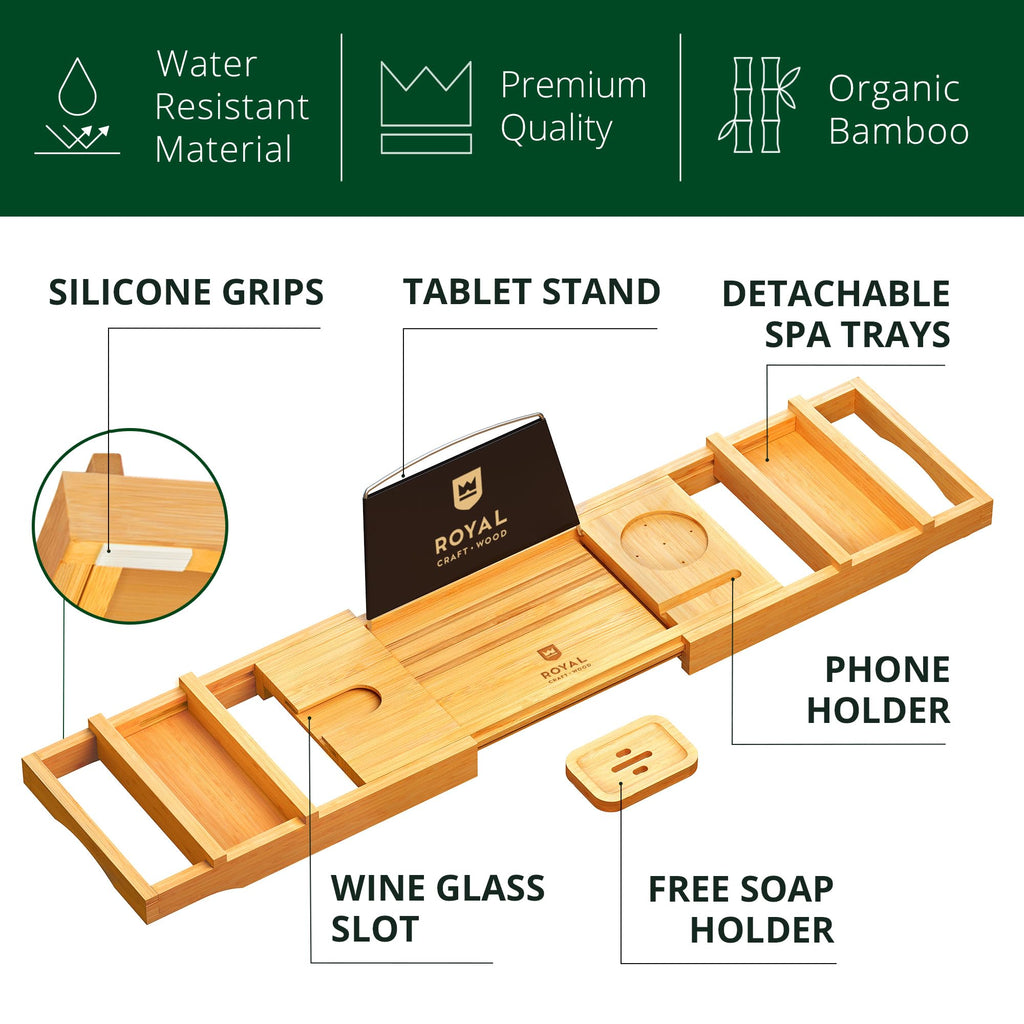 Royal Craft Wood Premium Bathtub Tray - Expandable Bath Tray For Tub - Unique House Warming Bath Tub Tray Wood - Luxury Bathtub