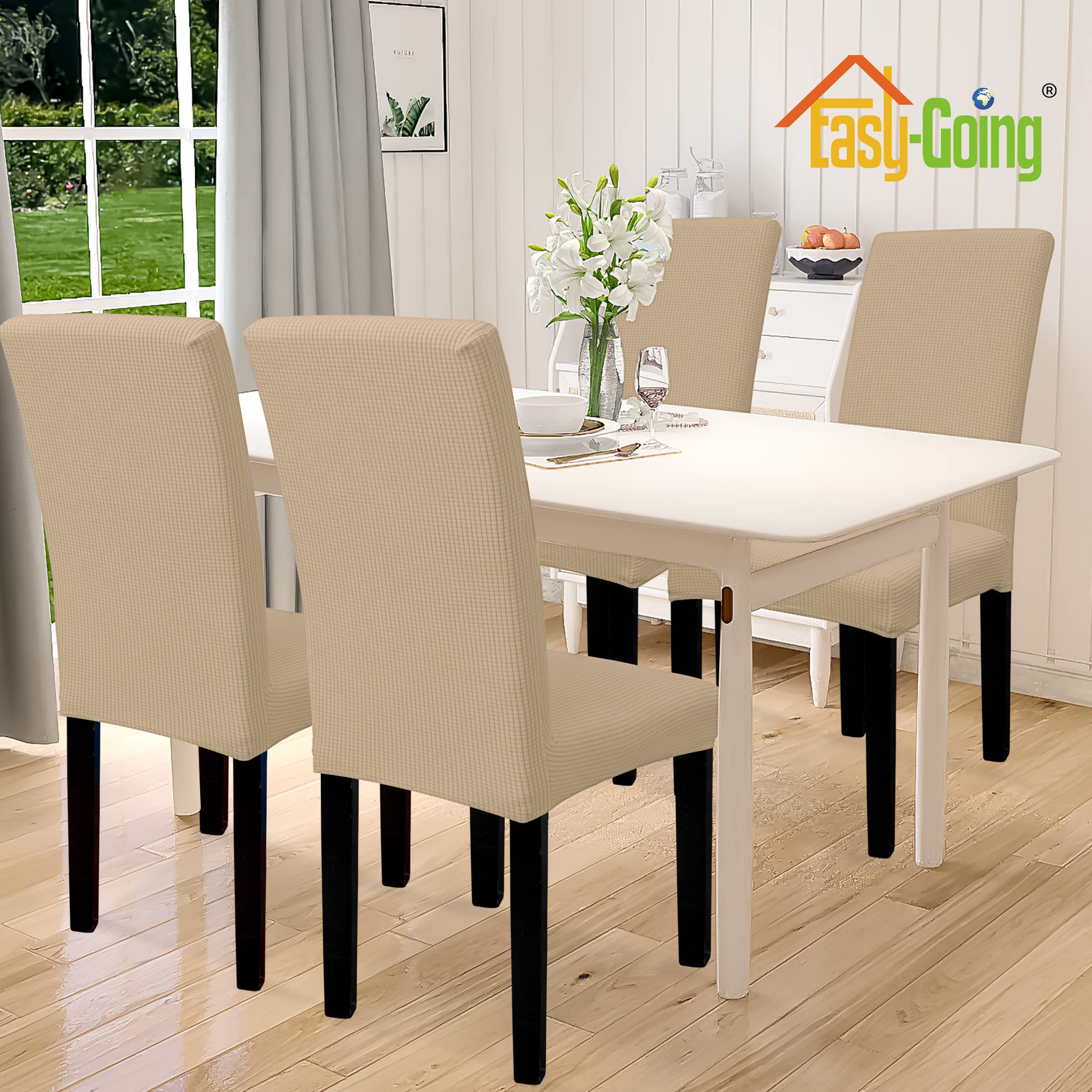 Easy-Going 100% Waterproof Dining Room Chair Cover Set Of 4, Stretch Jacquard Parson Chair Slipcover Removable Washable Chair Protector For Home, Restaurant, Banquet (Xlarge, Sand)