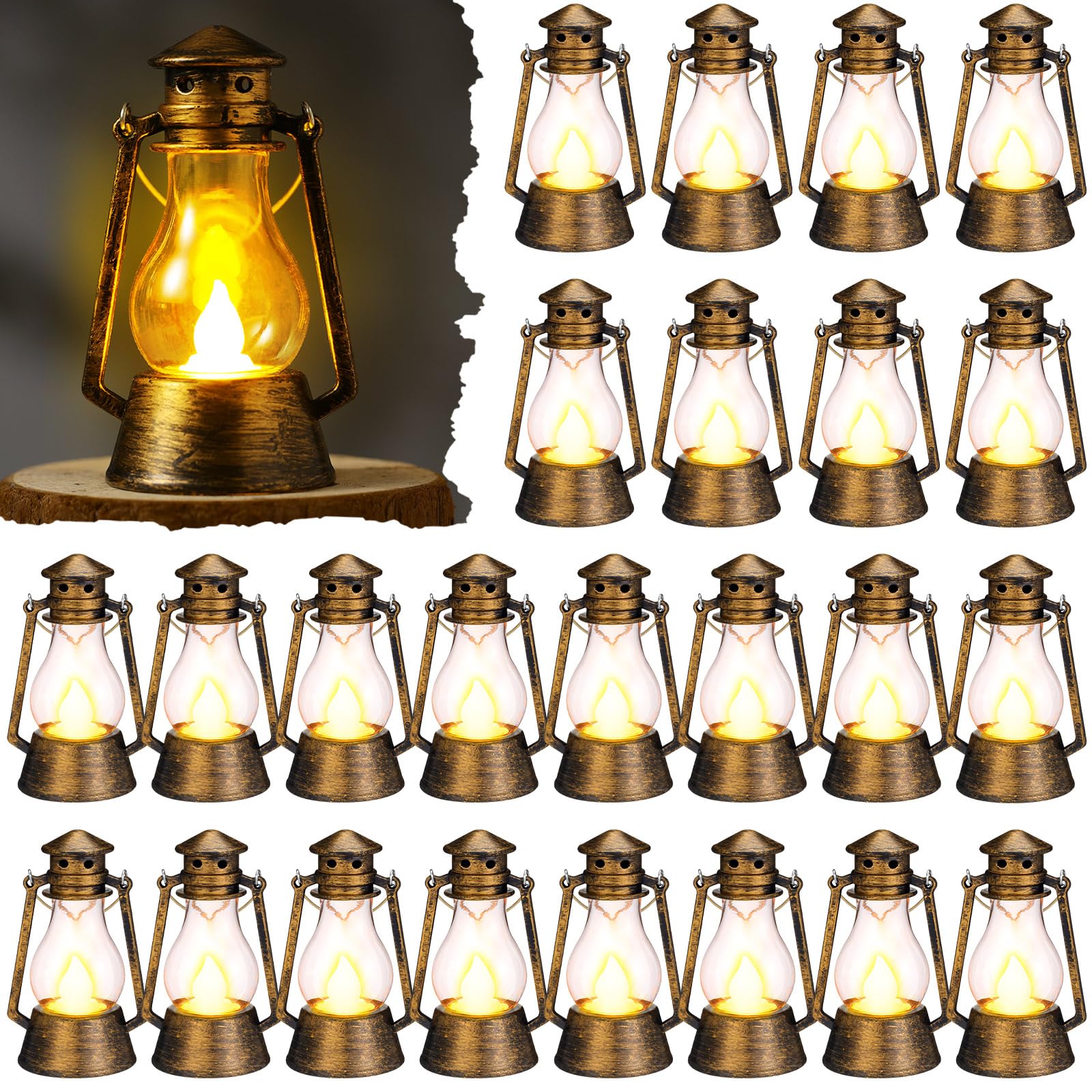 Ferraycle 24 Pcs Mini Lantern for Centerpiece Western Wedding Decor 4 Inch Camping Decorative with LED Candle Vintage Hanging La