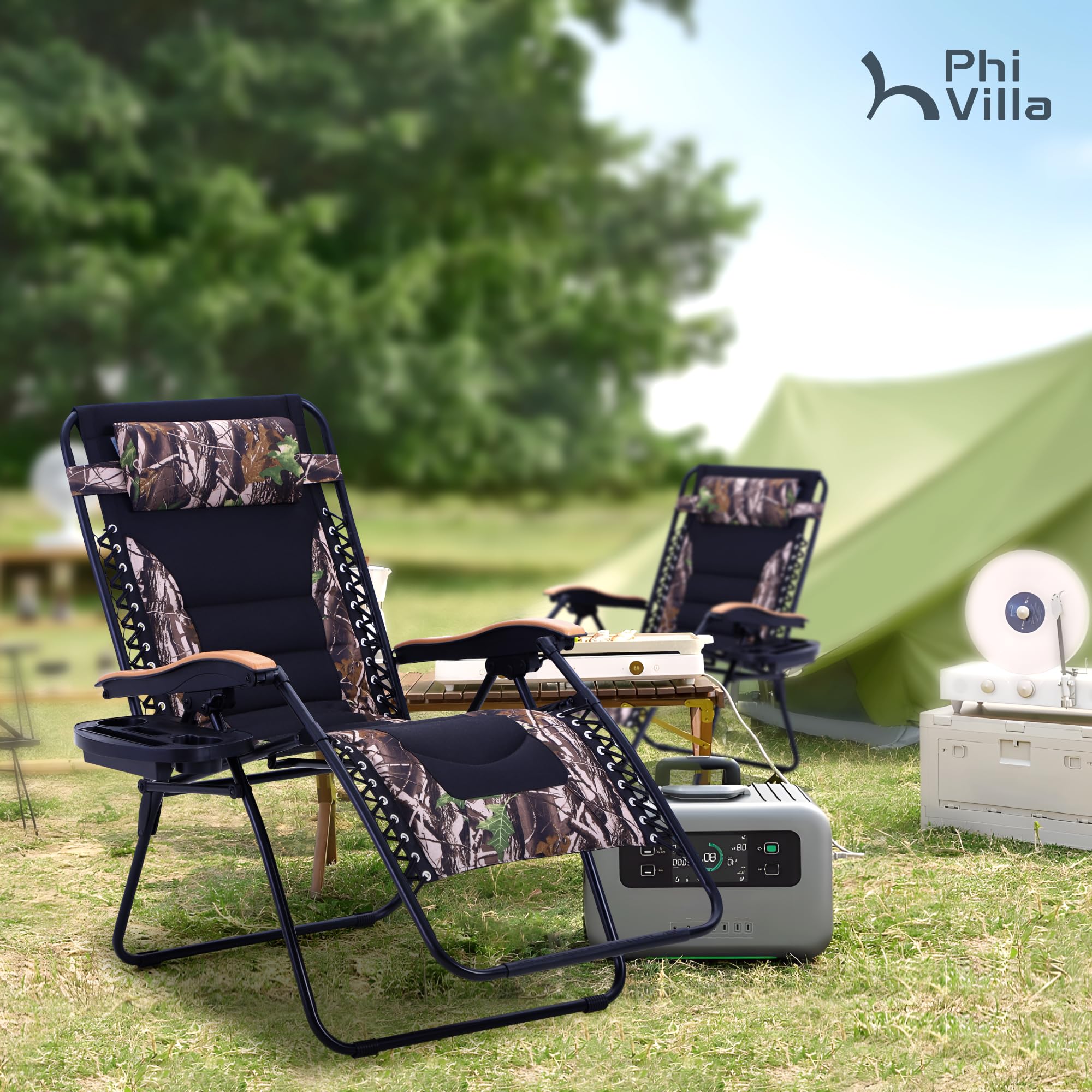 Phi Villa Xxl Oversized Padded Zero Gravity Chair, Foldable Patio Recliner, 30' Wide Seat Anti Gravity Lounger With Cup Holder, Set Of 2, Support 400 Lbs (Camouflage)