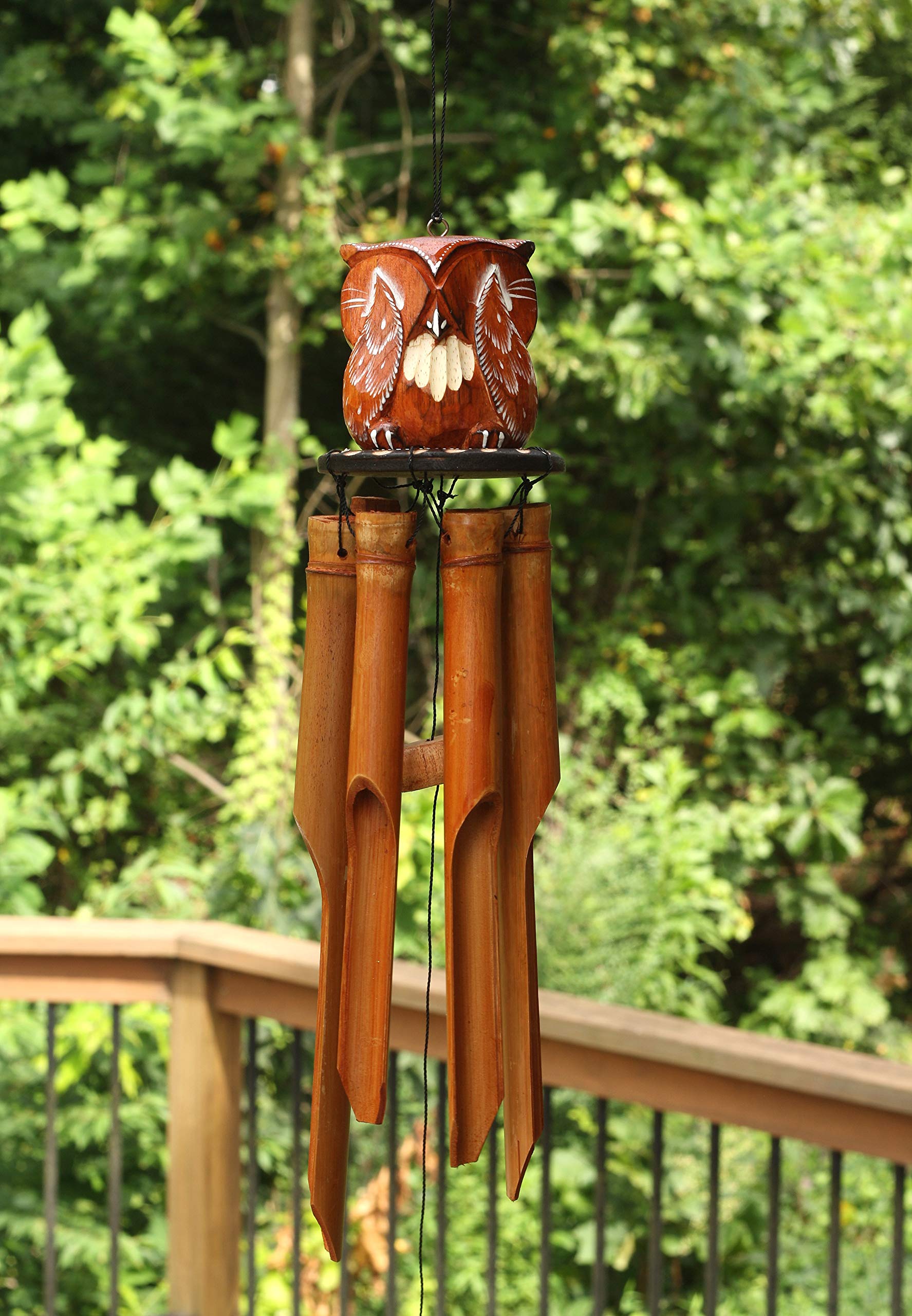 G6 Collection Handmade Wooden Owl Bamboo Wind Chime Wood Statue Figurine Hoot Sculpture Art Decorative Rustic Patio Garden Outdo