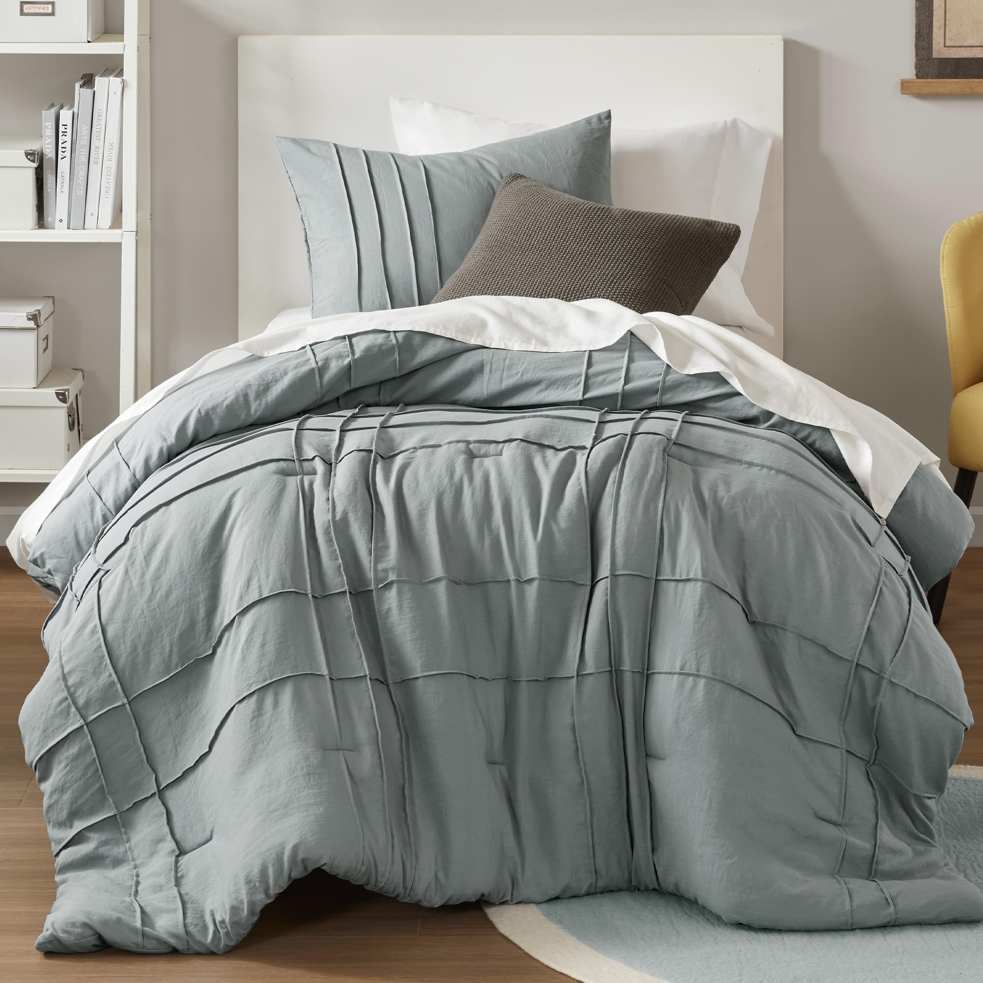 Comfort Spaces Blue/Grey Twin Size Comforter Set - 2 Pieces Pintuck Pleated Bedding Sets Twin, All Season Lightweight, Extra Sof