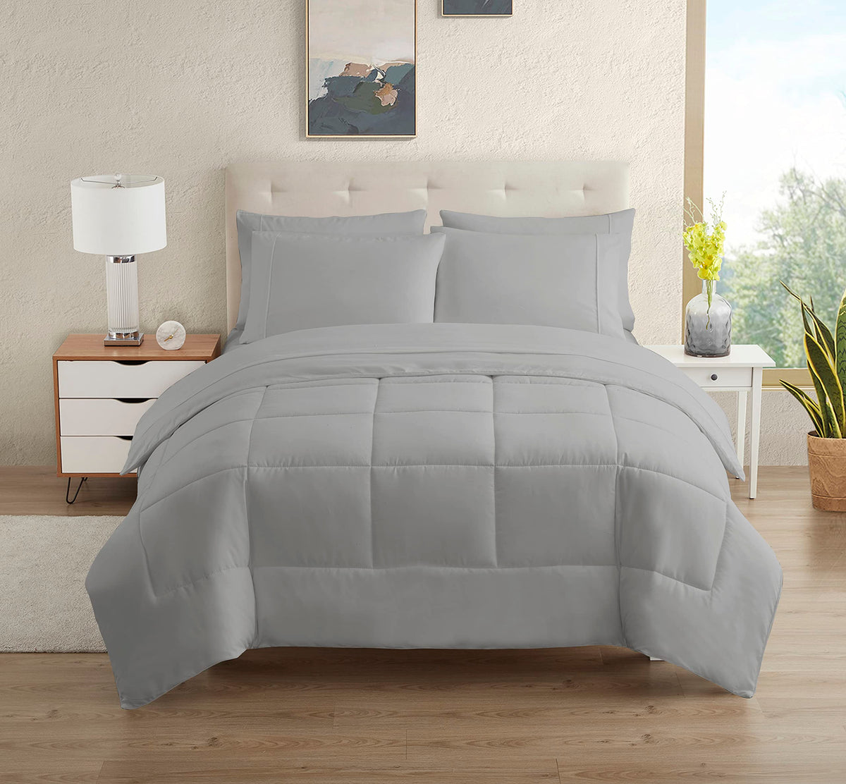 Dorm Room Essentials College Bedding Comforter Set 7 Piece Full Size Bed In A Bag For College Students Boys And Girls, Full, Sil
