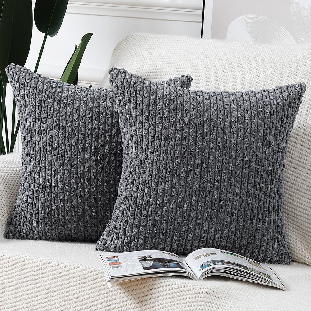 Madizz Pack Of 2 Boho Corduroy Striped Throw Pillow Covers 22X22 Inch Grey Soft Decorative Cushion Cover For Bedroom Sofa Pillow