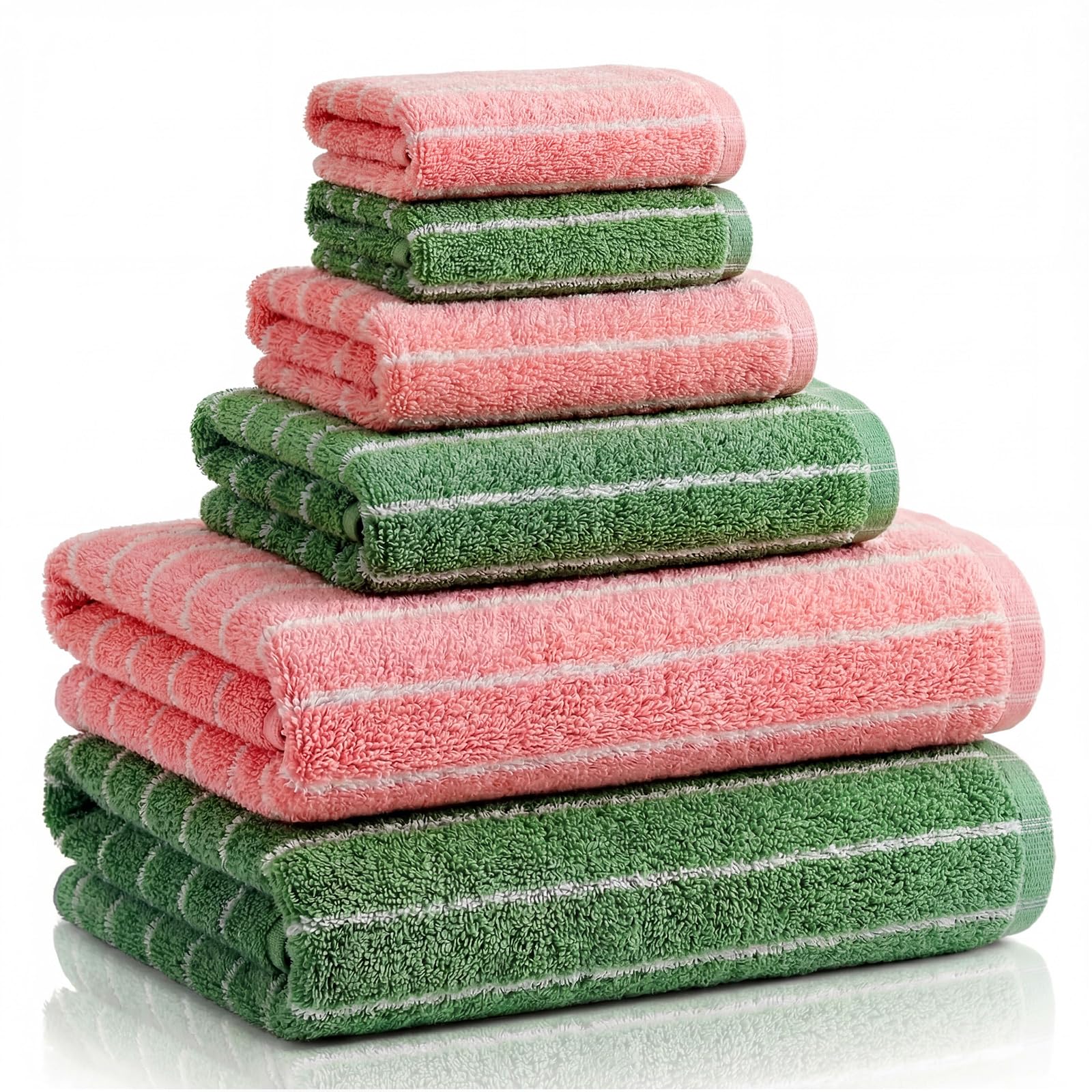 Hillsuren 6 Pcs Large Bath Towels Set 28x55 Inch Soft Cotton Towels for Bathroom Pink Green Striped Towel Set Highly Absorbent &