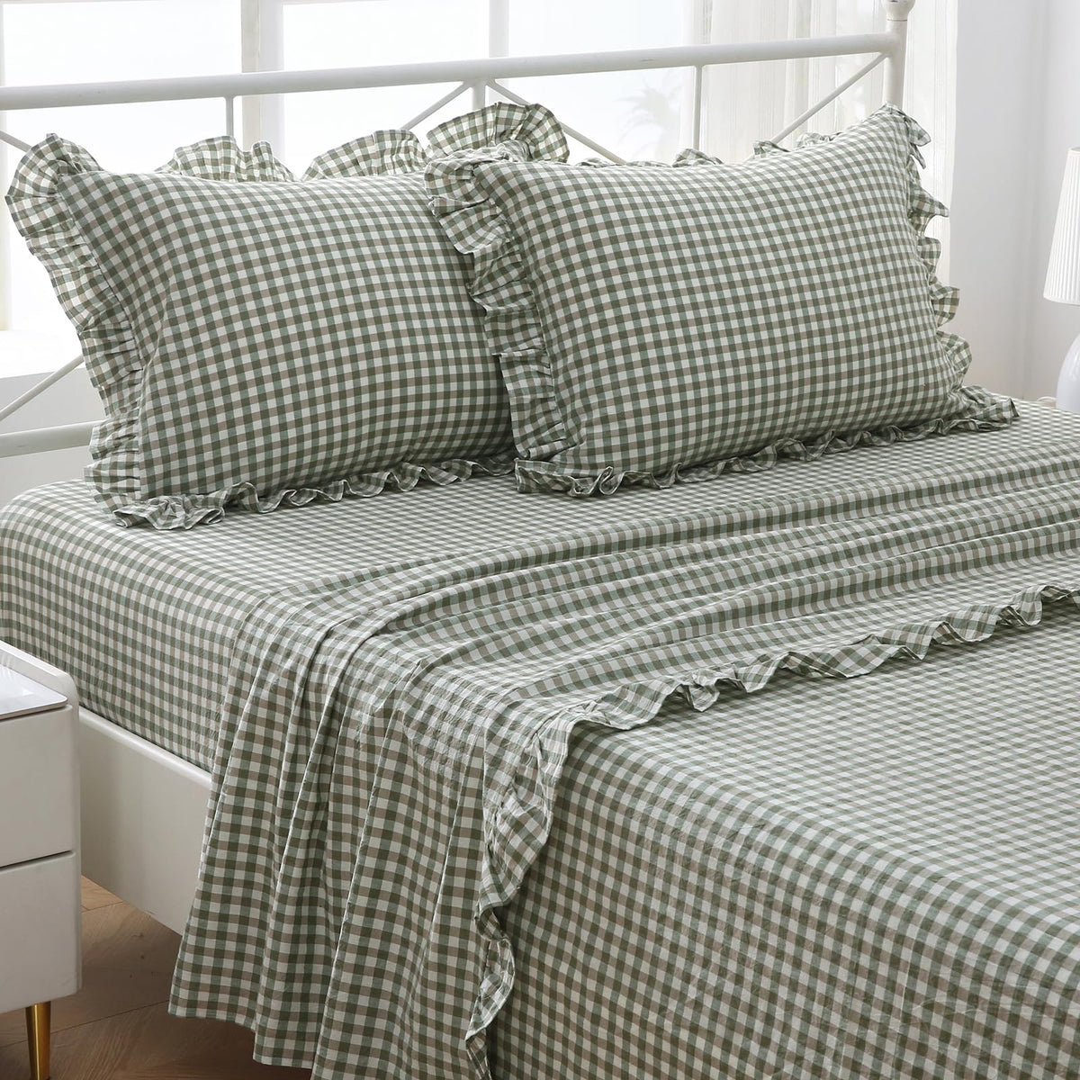 K Masaniji Sage Green White Plaid Ruffle Sheets Twin Size 4-Piece Set, 300Tc 100% Yarn Dyed Cotton Sheets Deep Pocket Farmhouse