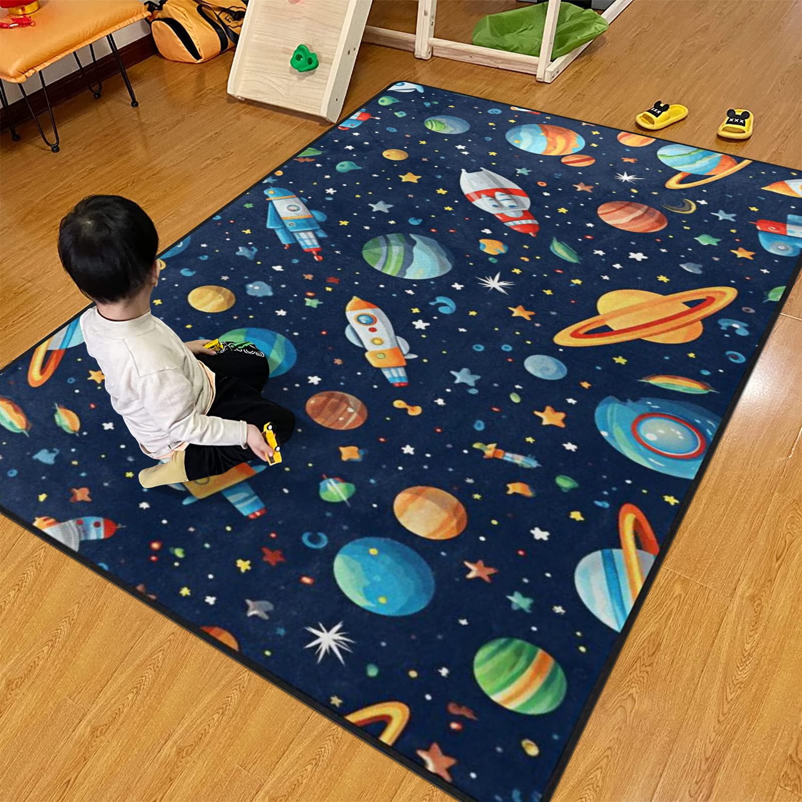 Engree Kids Rug, Space Playmat Rugs - 5X7 Ft Kids Carpet With Rubber Backing, Colorful Cartoon Outer Space, Planet, Rocket, Spac