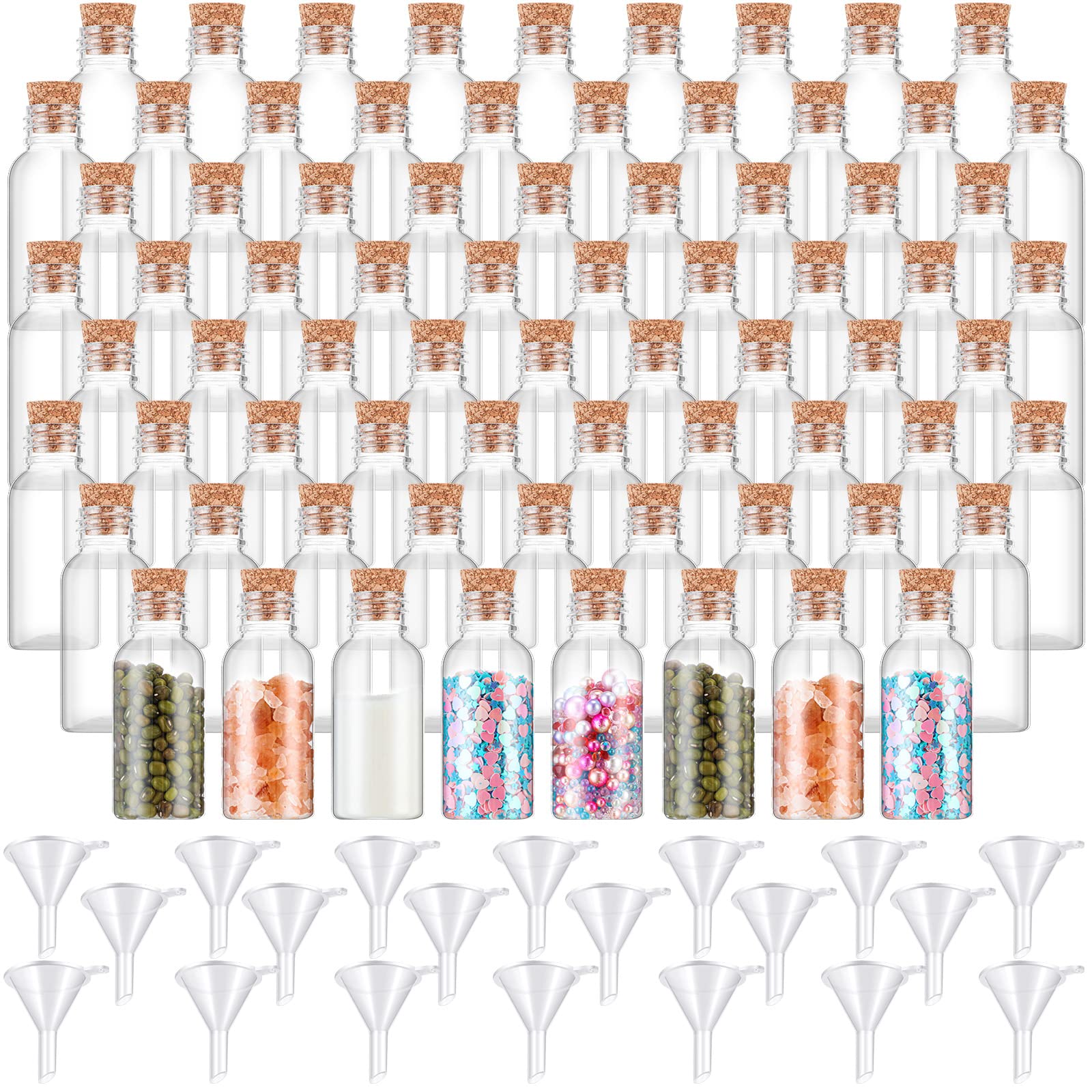 100 Pack 1 oz Plastic Sand Art Bottles with Cork Stoppers Mini Vial Potion Bottles Cork Bottle with Mini Funnel for Filling Bott