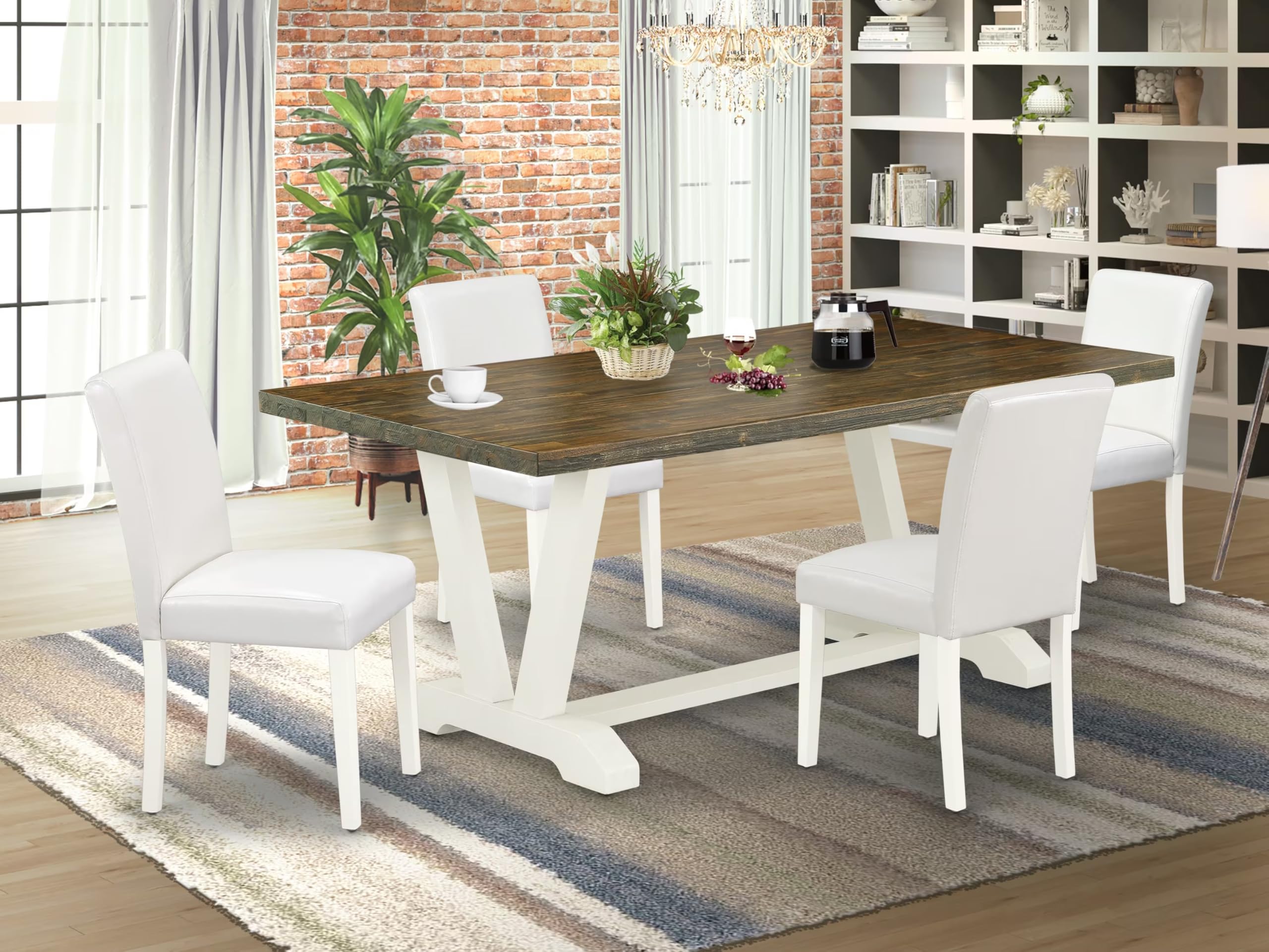 East West Furniture V077Ab264-5 5 Piece Dinette Set For 4 Includes A Rectangle Dining Table With V-Legs And 4 White Faux Leather Parson Dining Room Chairs, 40X72 Inch, Multi-Color