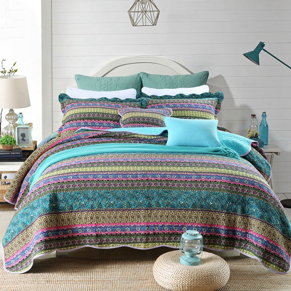 Newlake Striped Jacquard Style Cotton 3-Piece Patchwork Bedspread Quilt Sets, Queen Size