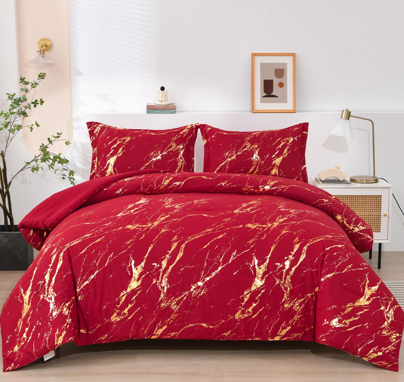 WONGS BEDDING Red Gold Metallic Marble Comforter Set King,Red Christmas Bedding Sets with 2 Pillowcases for All Seasons, Soft Mi