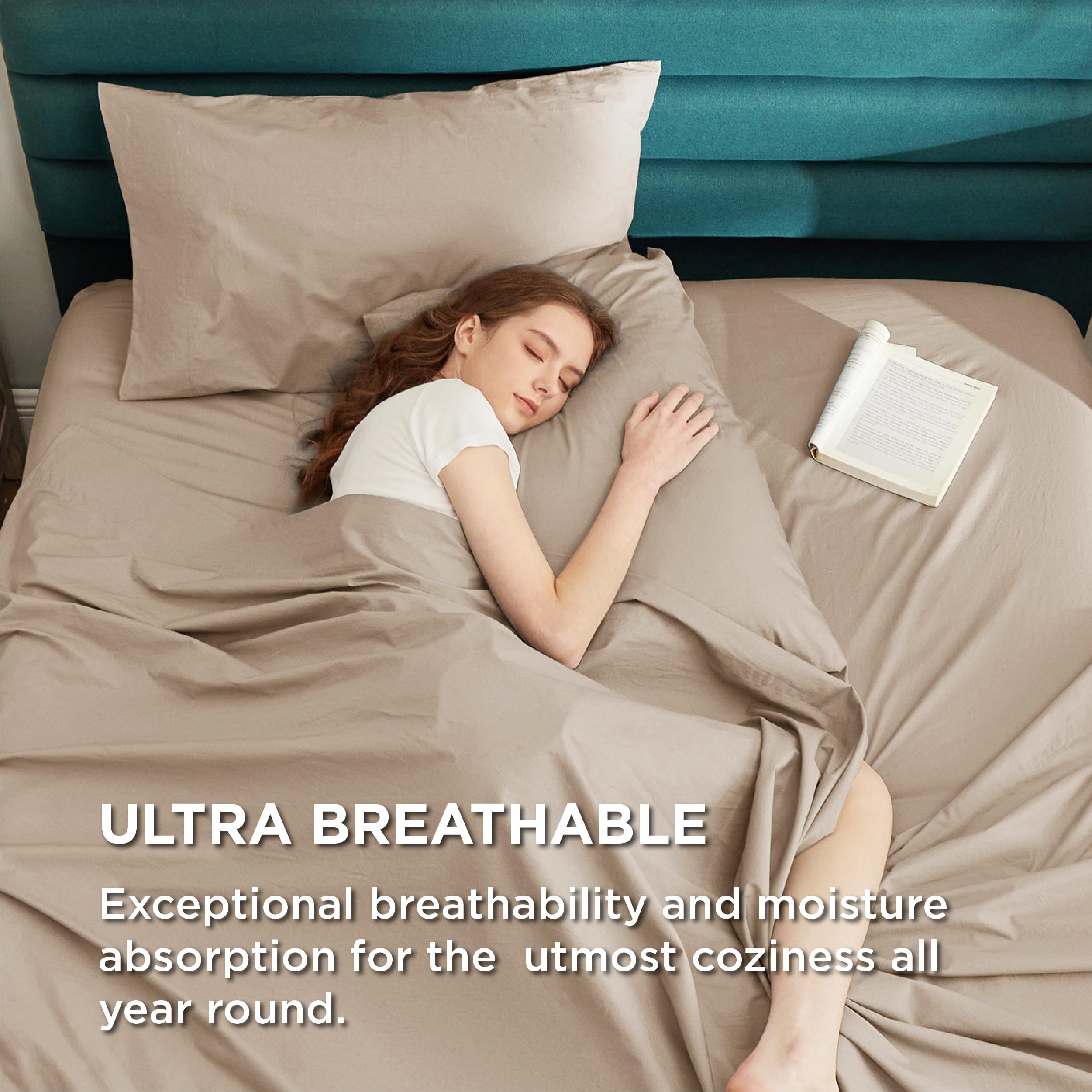 Bedsure Queen Sheet Set - 100% Cotton Percale, Deep Pocket up to 16, Breathable & Soft, Taupe Bedding Sheets & Pillowcases