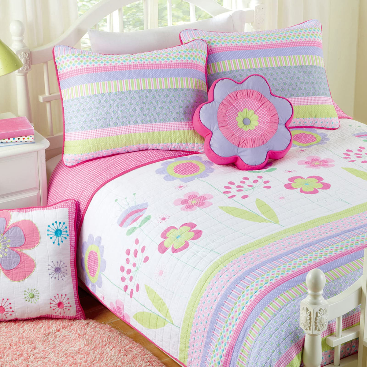 Cozy Line Home Fashions Pink Lavender Green Floral Print Girl 100% Cotton Reversible Quilt Bedding Set, Coverlet, Bedspread (Blo