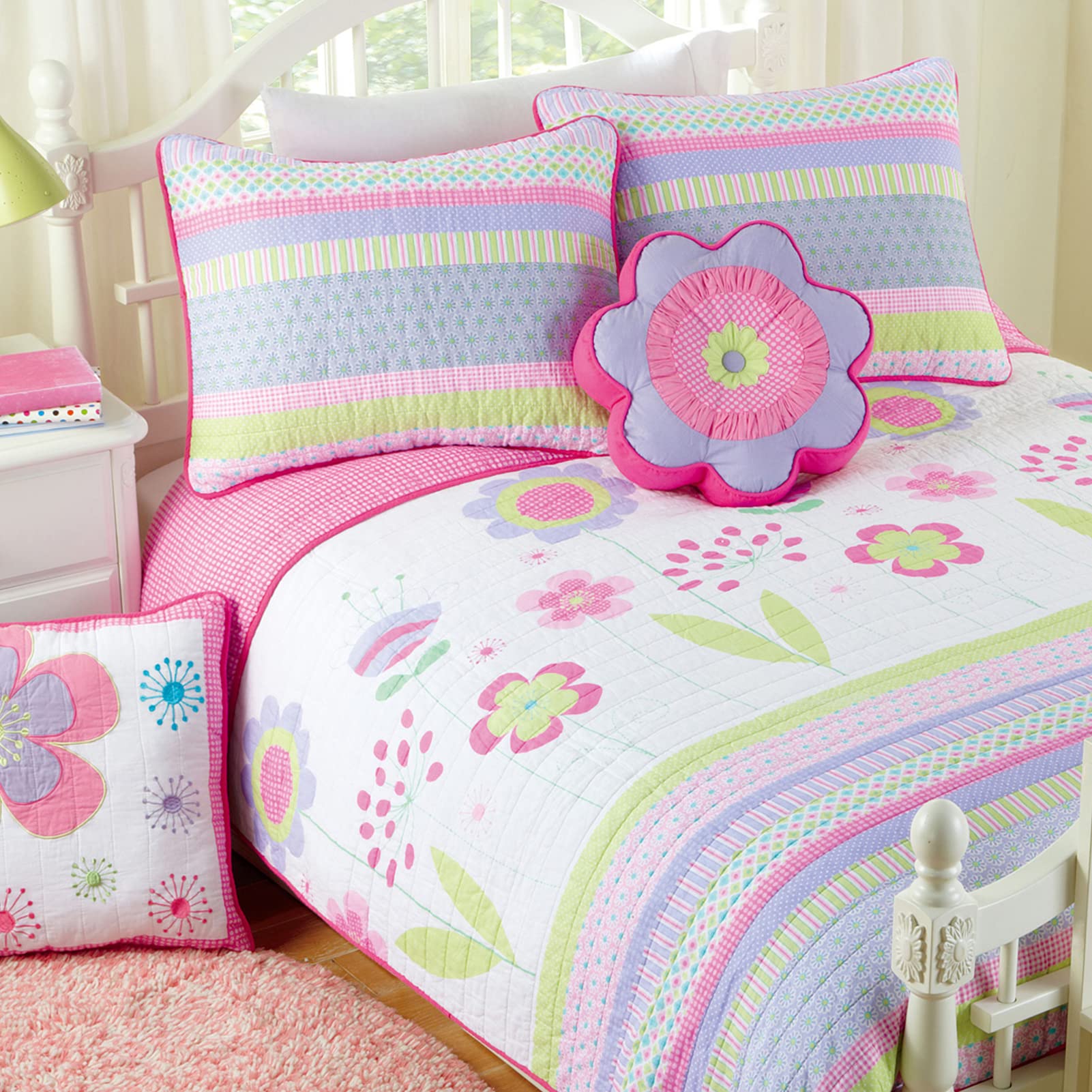 Cozy Line Home Fashions Pink Lavender Green Floral Print Girl 100% Cotton Reversible Quilt Bedding Set, Coverlet, Bedspread (Blo
