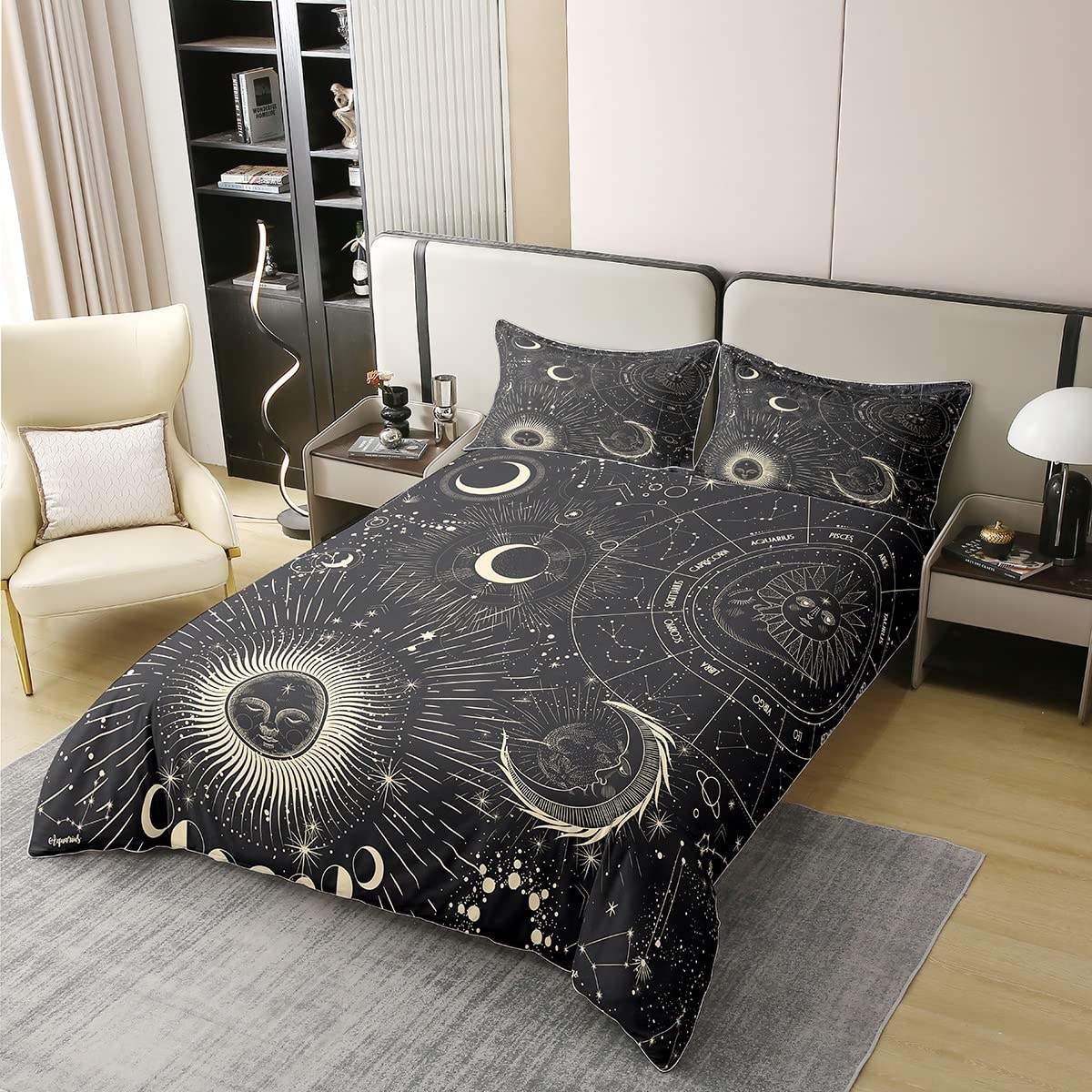 Erosebridal 100% Cotton Bohemian Sun Moon Comforter Cover Constellation Duvet Cover Starry Sky Bedding Set Exotic Style Black Ro
