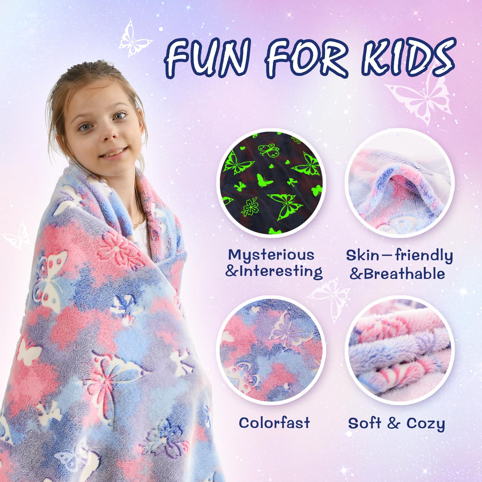 Sochow Butterfly Glow In The Dark Blanket For Daughters, Toys For 3-10 Year Old Birthday Presents, Soft Cozy Flannel Throw Blank