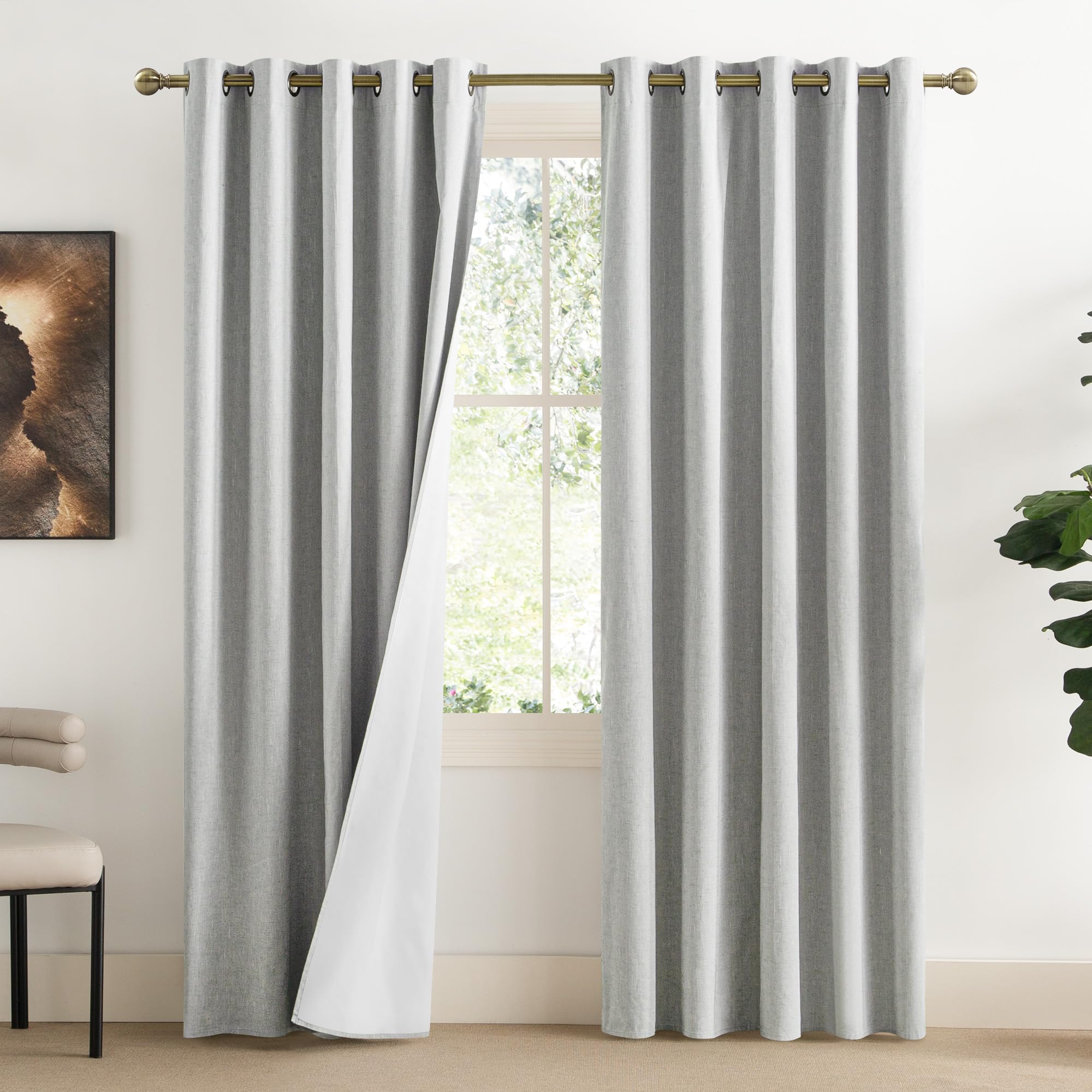 NICETOWN Grey Full Shade Linen Curtain Panels 84 Long, Pair of Energy Smart & Noise Blocking Out Blackout Drapes for Guest Room 