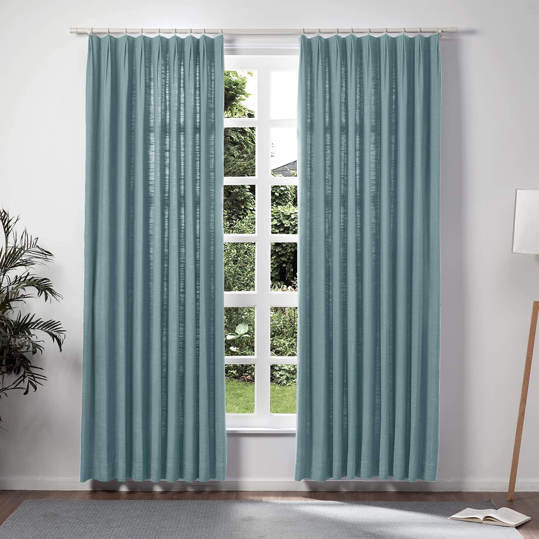 Twopages Everglade Teal Linen Pinch Pleat Drape For Dining Room, Room Darkening Light Filtering Double Layer Lined Curtain Windo