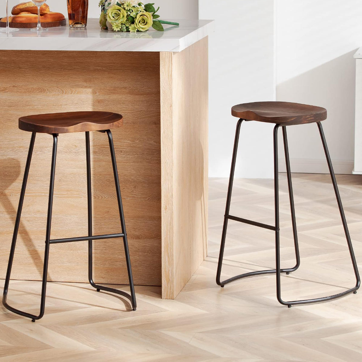 Heugah Bar Stools, Solid Wood Barstools Set Of 2, 30' Bar Height Bar Stools With Metal Leg, Rustic Backless Bar Stools For Kitchen Island, Bar Chairs With Solid Wood Saddle Seat (Walnut, 30 Inch)