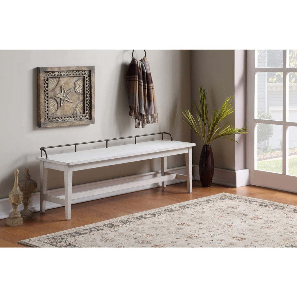 Steve Silver Pendleton Dining Bench, Solid Asian Hardwoods, Brass Finish Galley Rail, Mud Room or Bedroom, 60" L x 17" W x 21" H, Ivory
