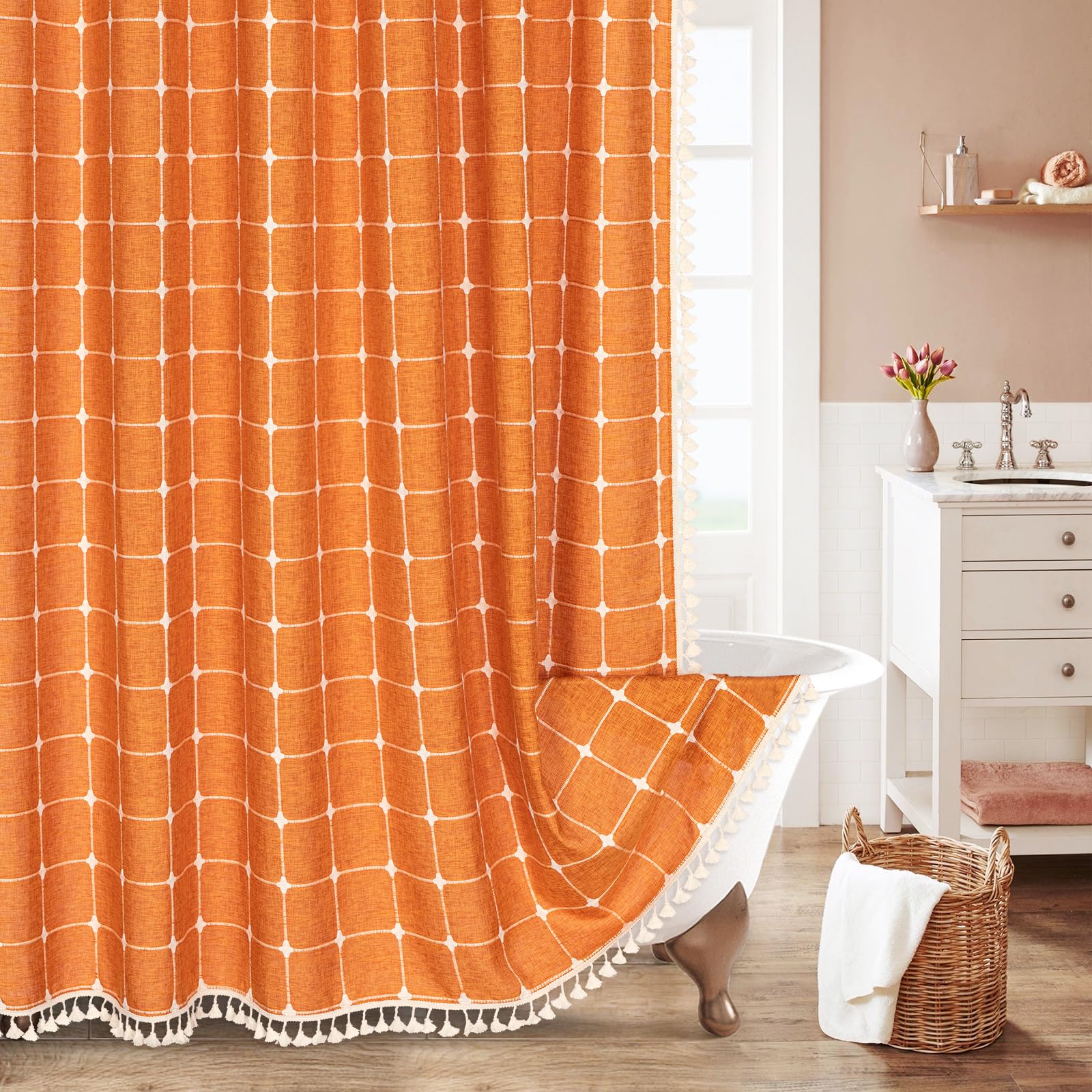 MitoVilla Orang Farmhouse Shower Curtain Set 72 x 78, Boho 78 inch Long Cotton Linen Tassel Fabric Shower Curtain Set for Chic C